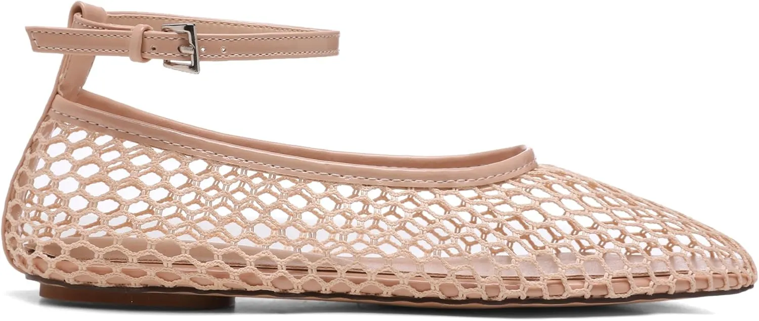 Mesh Ankle Strap Flats for Women Round Toe Ballet Flats Shoes,Casual Mary Jane Flats Comfortable Daily Dress Shoes
