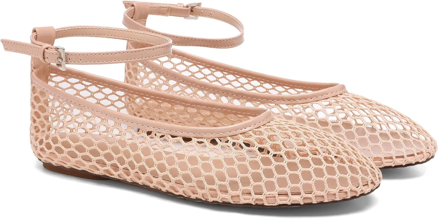 Mesh Ankle Strap Flats for Women Round Toe Ballet Flats Shoes,Casual Mary Jane Flats Comfortable Daily Dress Shoes