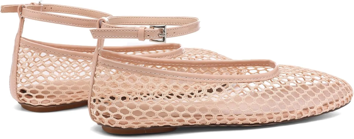 Mesh Ankle Strap Flats for Women Round Toe Ballet Flats Shoes,Casual Mary Jane Flats Comfortable Daily Dress Shoes