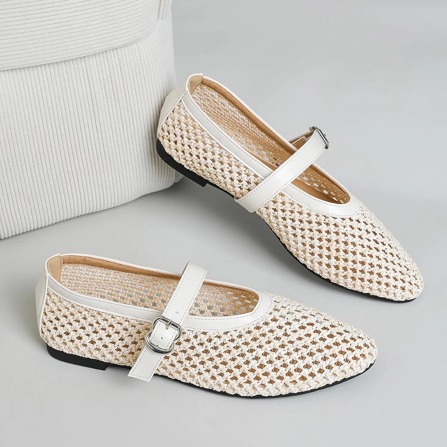Mesh Ballet Flats for Women Round Toe Buckle Strap Comfy Casual Mesh Ballet Mary Jane Shoes Summer Flats Shoes