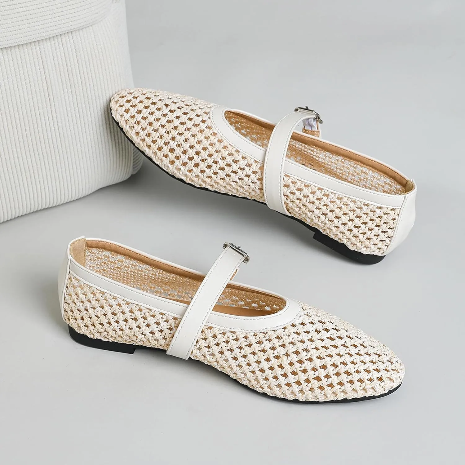 Mesh Ballet Flats for Women Round Toe Buckle Strap Comfy Casual Mesh Ballet Mary Jane Shoes Summer Flats Shoes