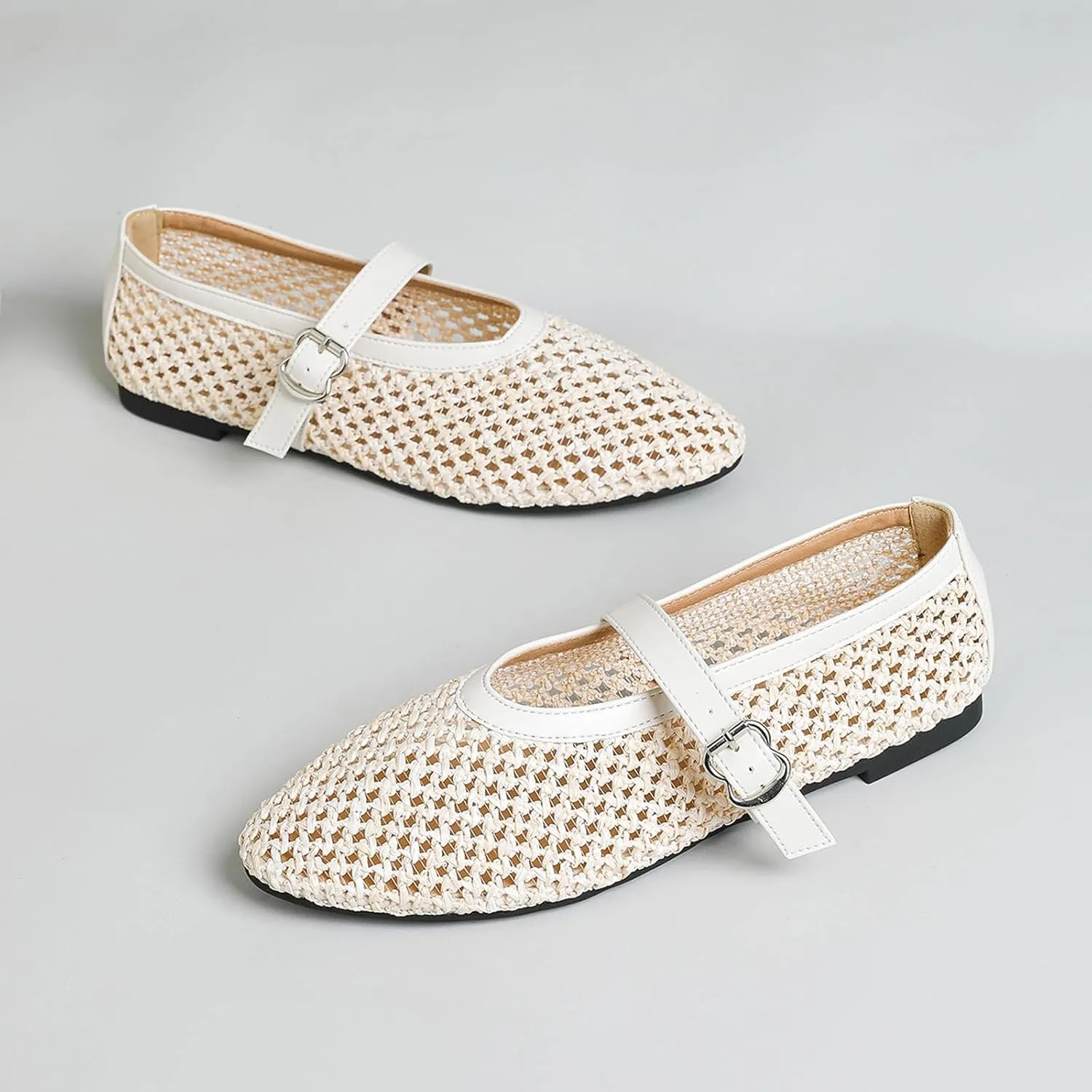 Mesh Ballet Flats for Women Round Toe Buckle Strap Comfy Casual Mesh Ballet Mary Jane Shoes Summer Flats Shoes
