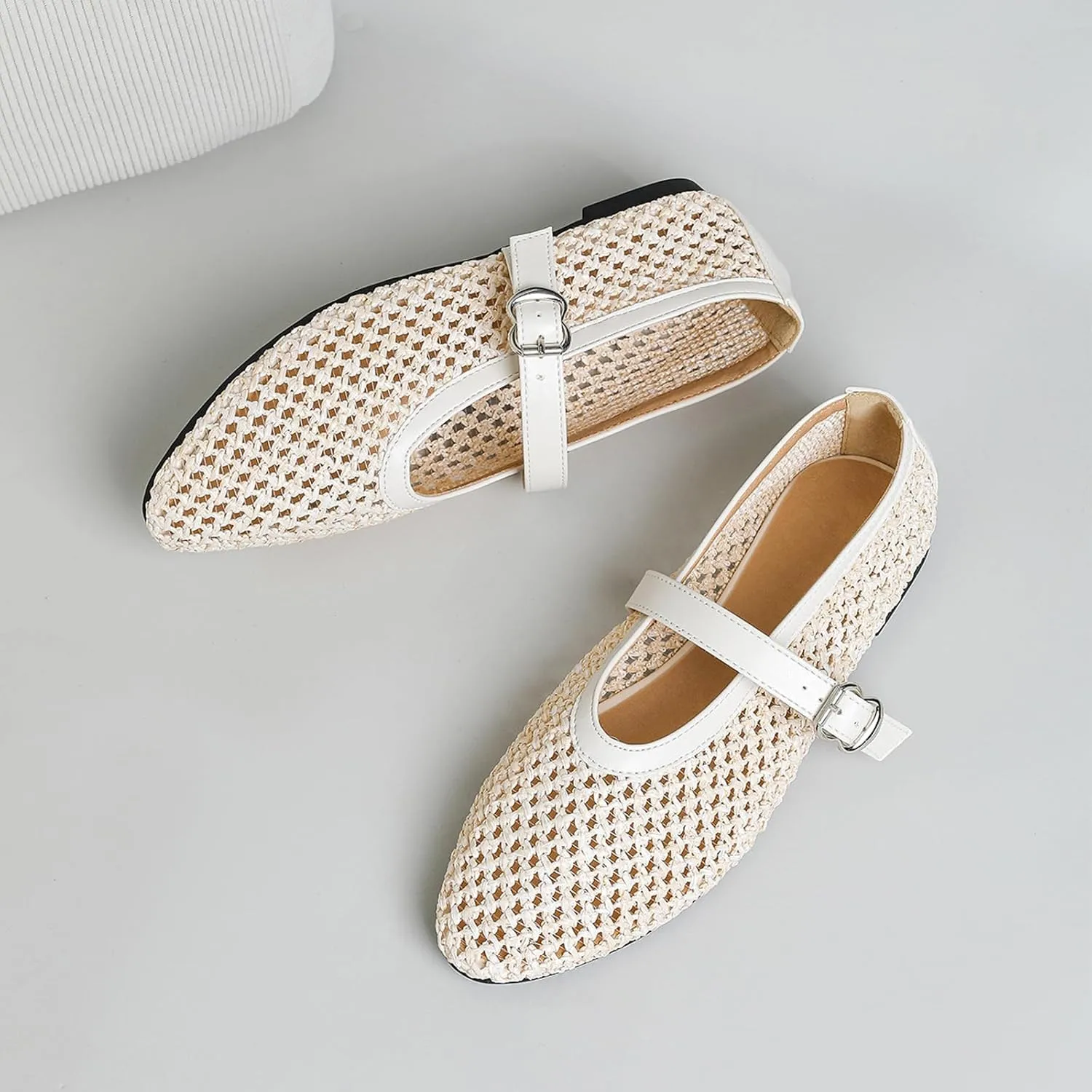 Mesh Ballet Flats for Women Round Toe Buckle Strap Comfy Casual Mesh Ballet Mary Jane Shoes Summer Flats Shoes
