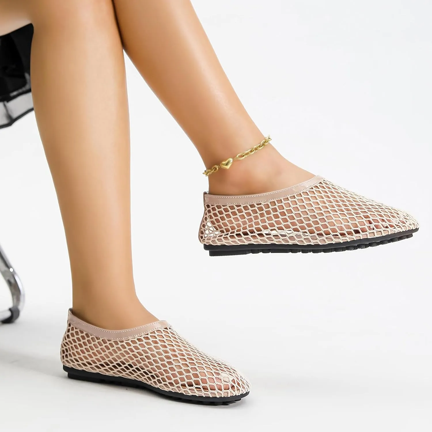 Mesh Ballet Flats for Women Round Toe Fishnet Ballerina Casual Fishnet Flat Shoes Comfy Slip on Flats