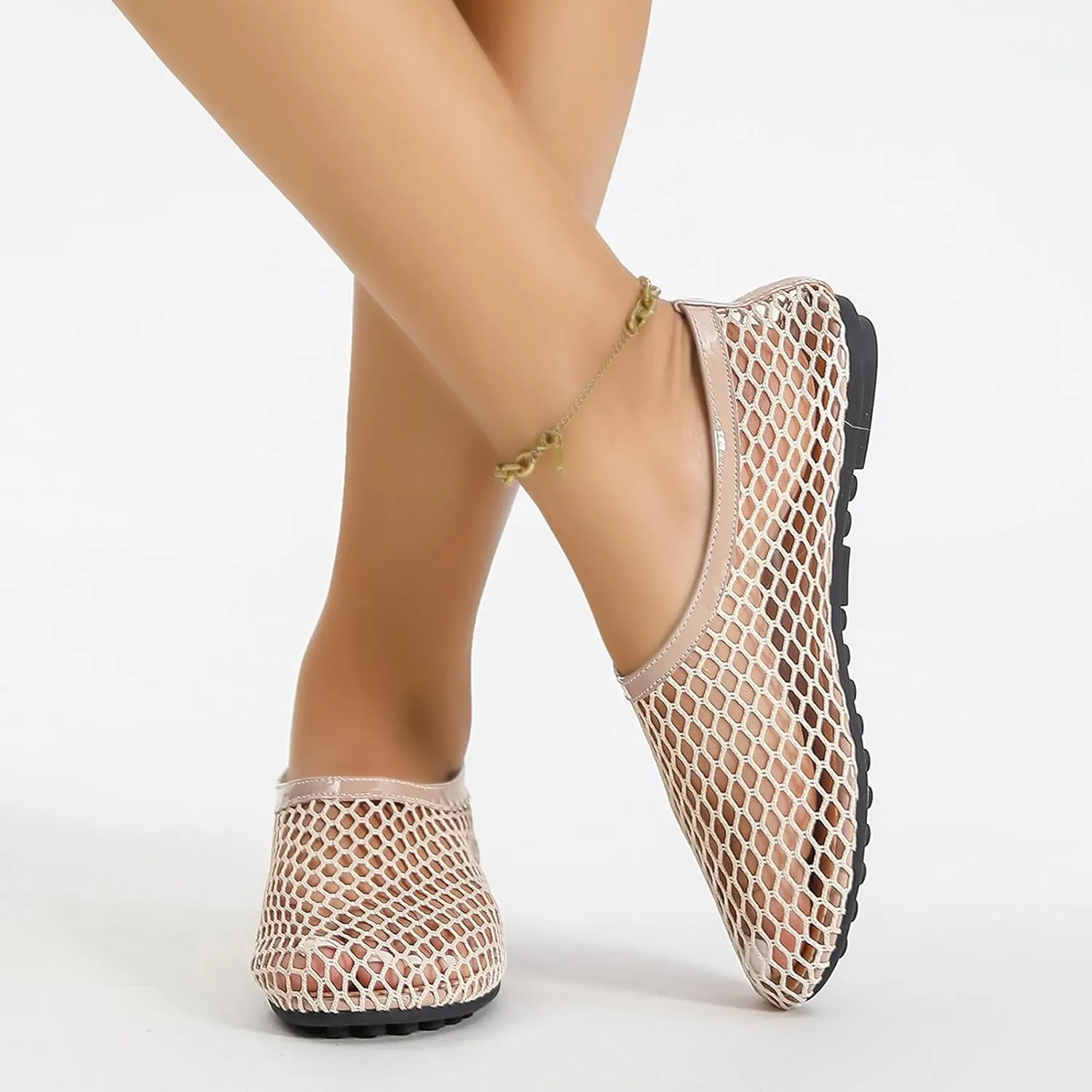 Mesh Ballet Flats for Women Round Toe Fishnet Ballerina Casual Fishnet Flat Shoes Comfy Slip on Flats