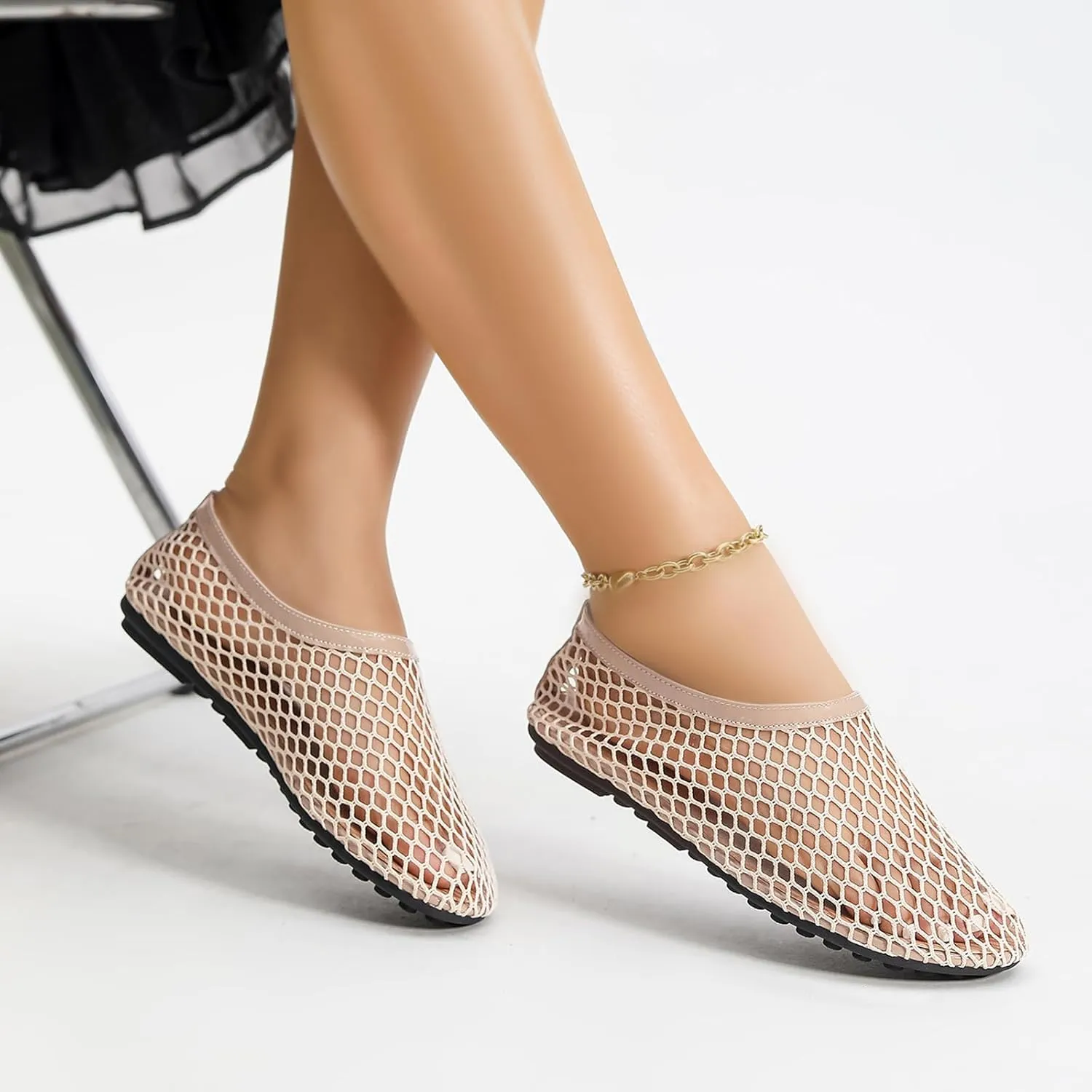 Mesh Ballet Flats for Women Round Toe Fishnet Ballerina Casual Fishnet Flat Shoes Comfy Slip on Flats