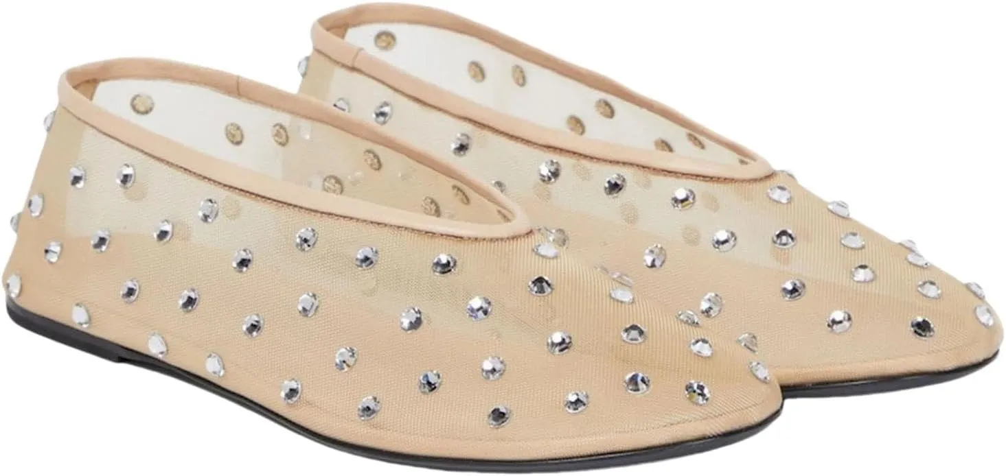 MICIFA Crystal Mesh Ballet Flats for Women Rhinestone Flat Shoes Round Toe Sparkly Ballerina Shoes Mesh Glitter Casual Wedding Dress Flats
