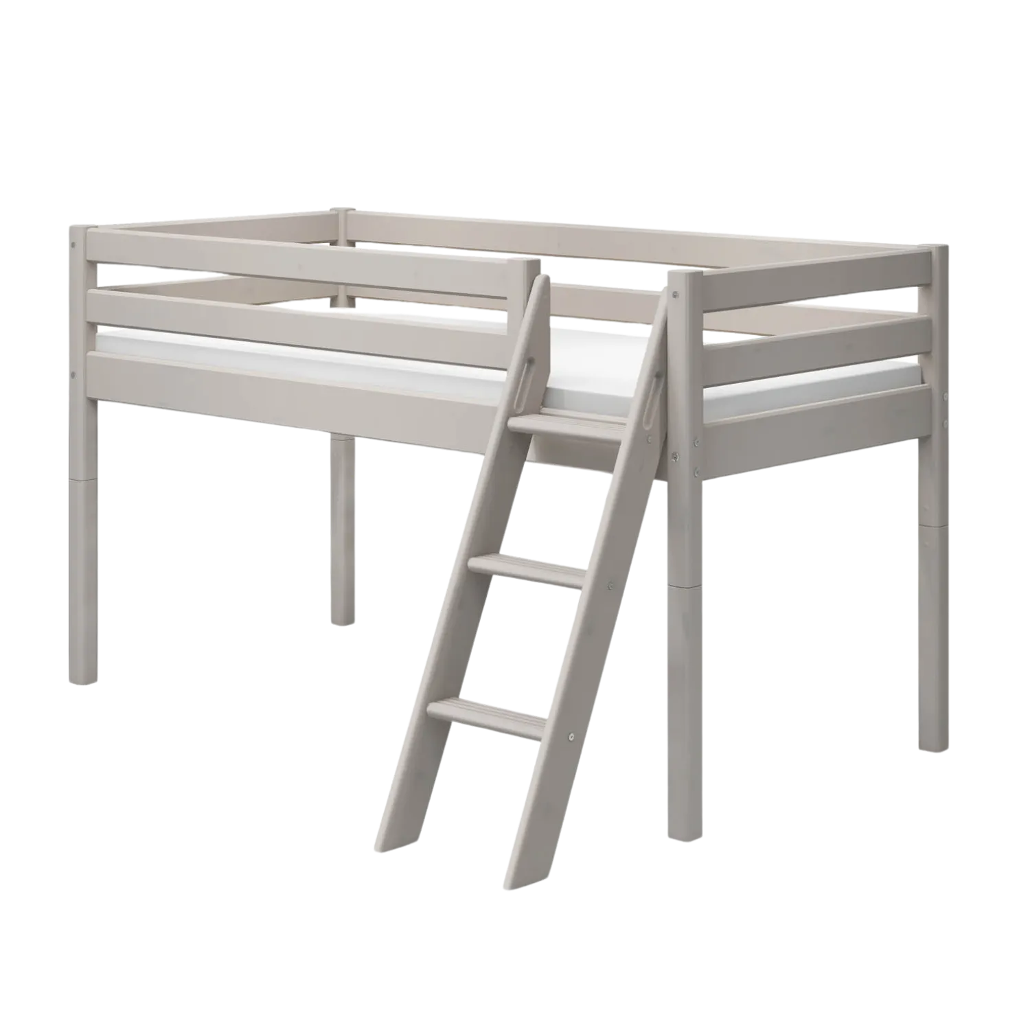 Mid-High Bed with Ladder and Safety Rail, 90x200 cm, Grey