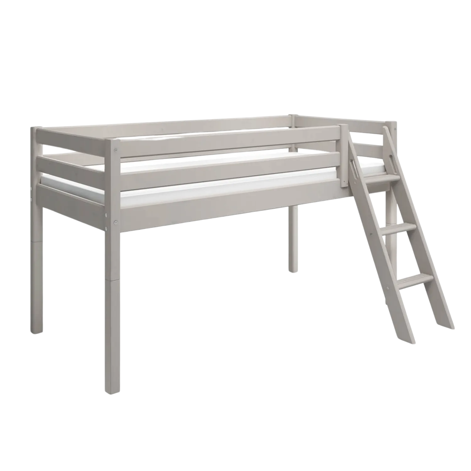 Mid-High Bed with Ladder and Safety Rail, 90x200 cm, Grey