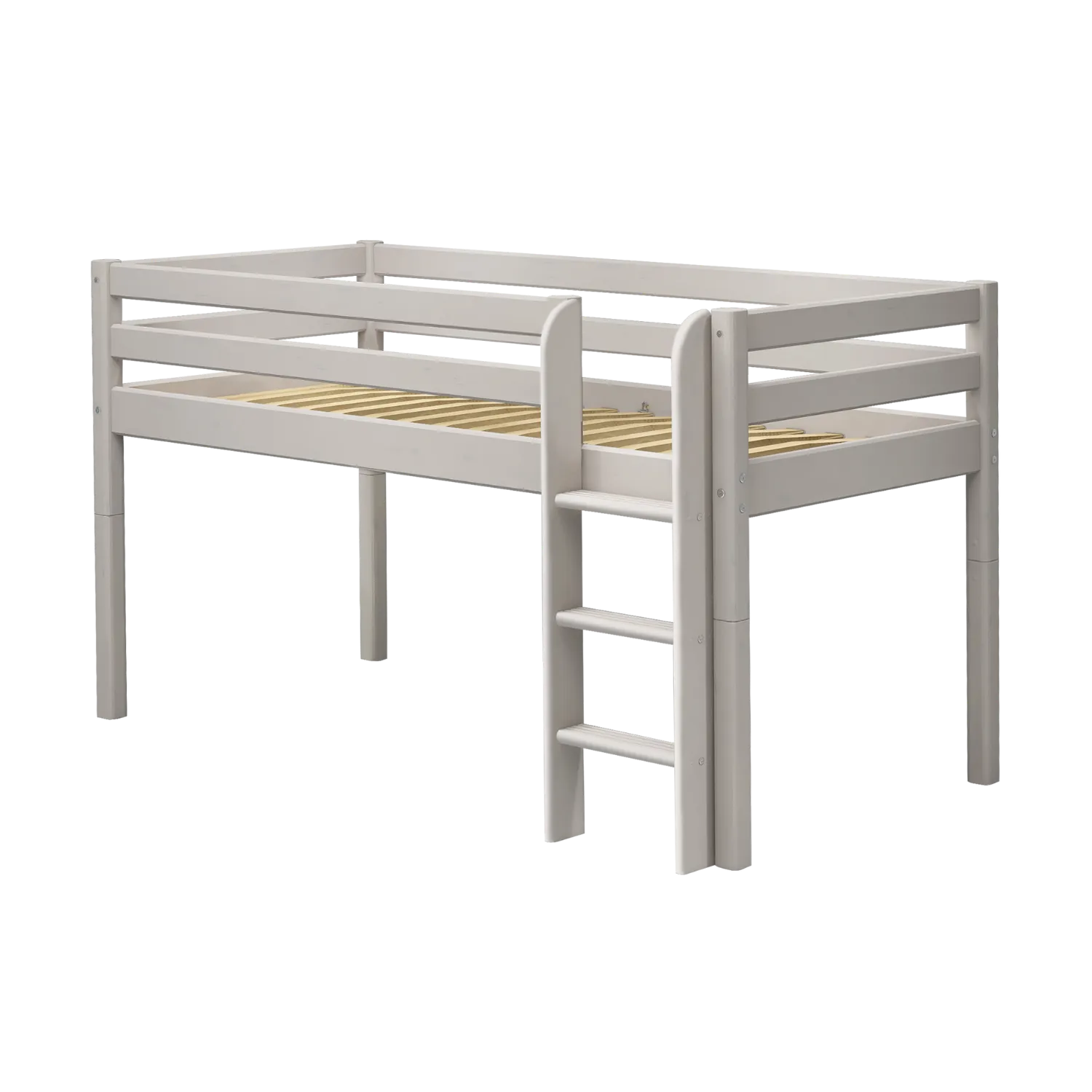 Mid-High Bed with Ladder and Safety Rail, 90x200 cm, Grey