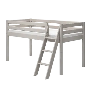 Mid-High Bed with Ladder and Safety Rail, 90x200 cm, Grey