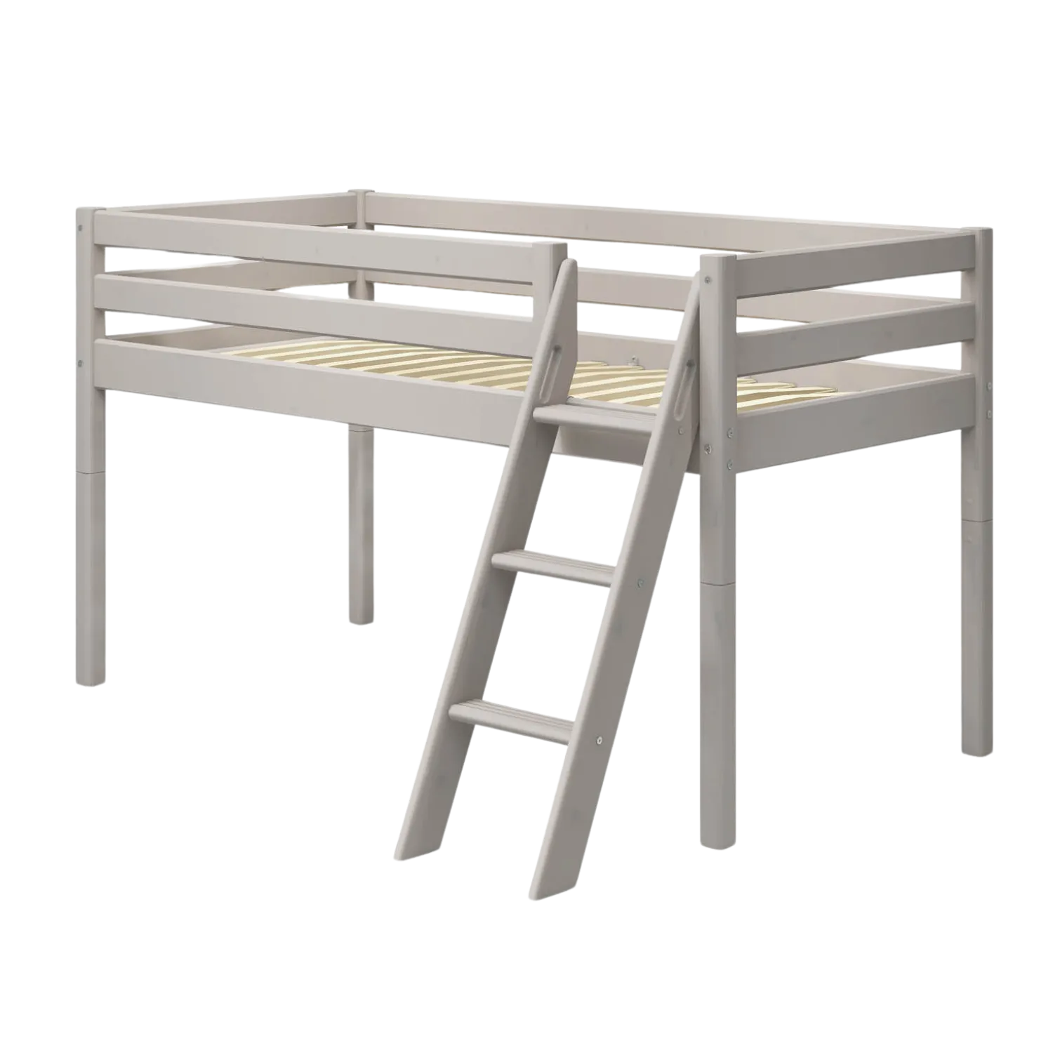 Mid-High Bed with Ladder and Safety Rail, 90x200 cm, Grey