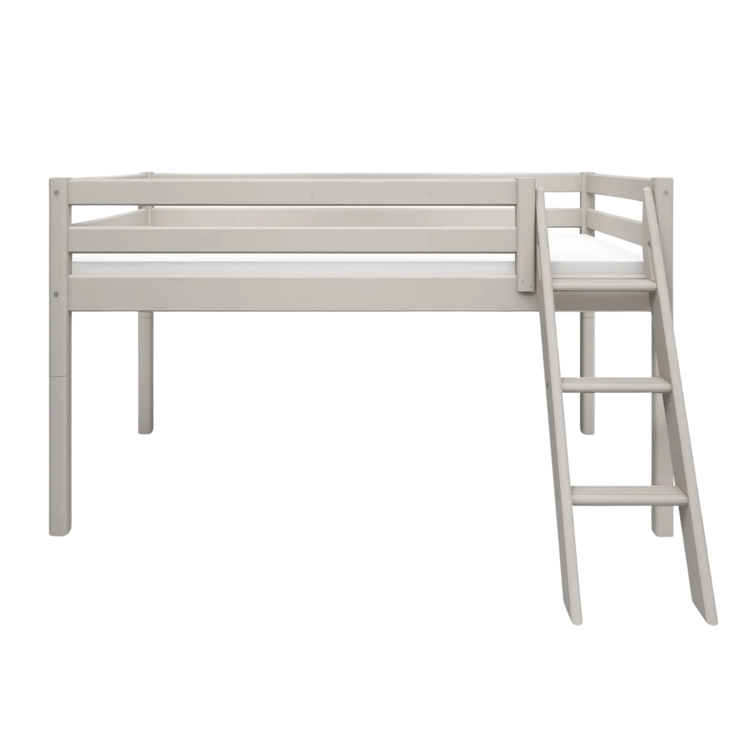 Mid-High Bed with Ladder and Safety Rail, 90x200 cm, Grey