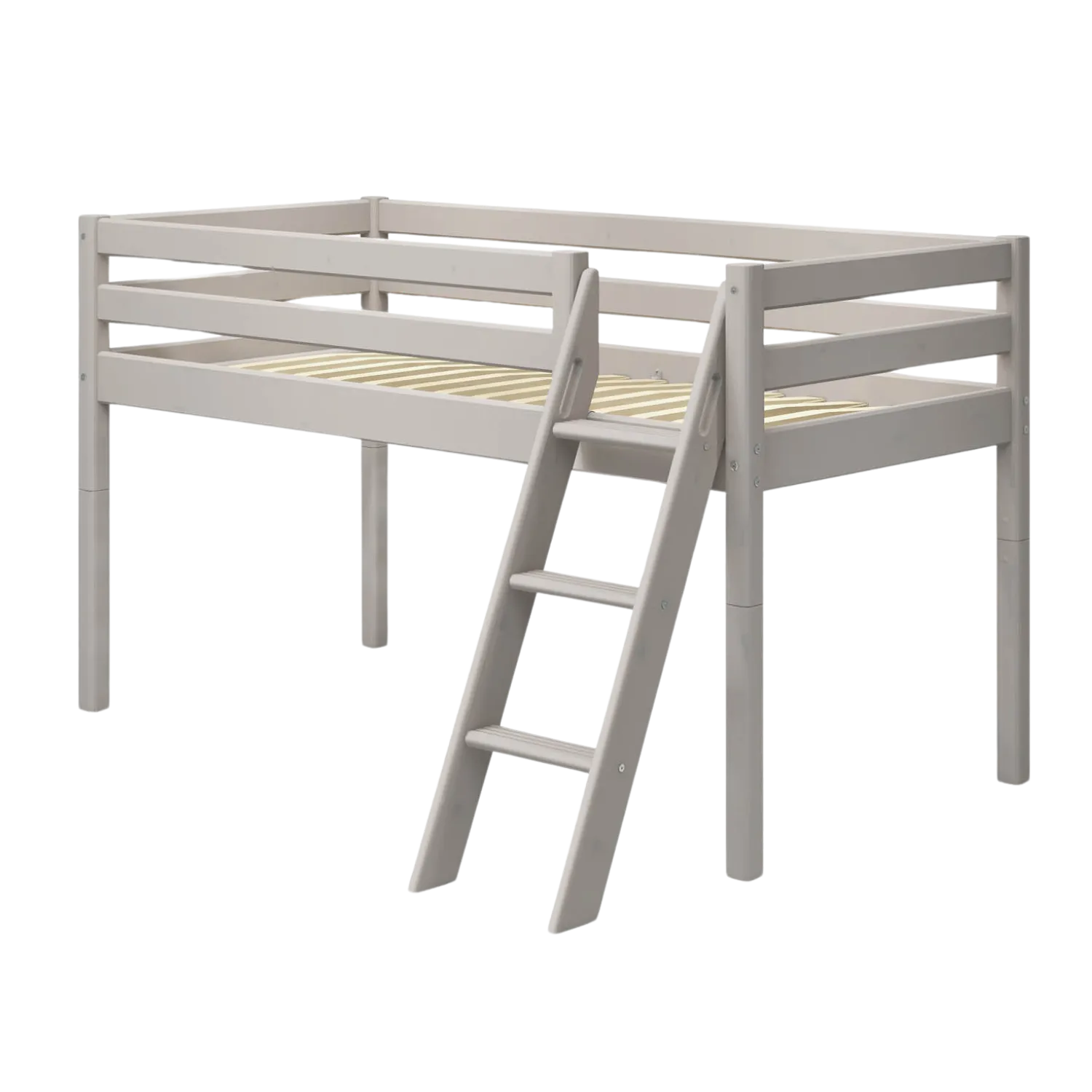 Mid-High Bed with Ladder and Safety Rail, 90x200 cm, Grey