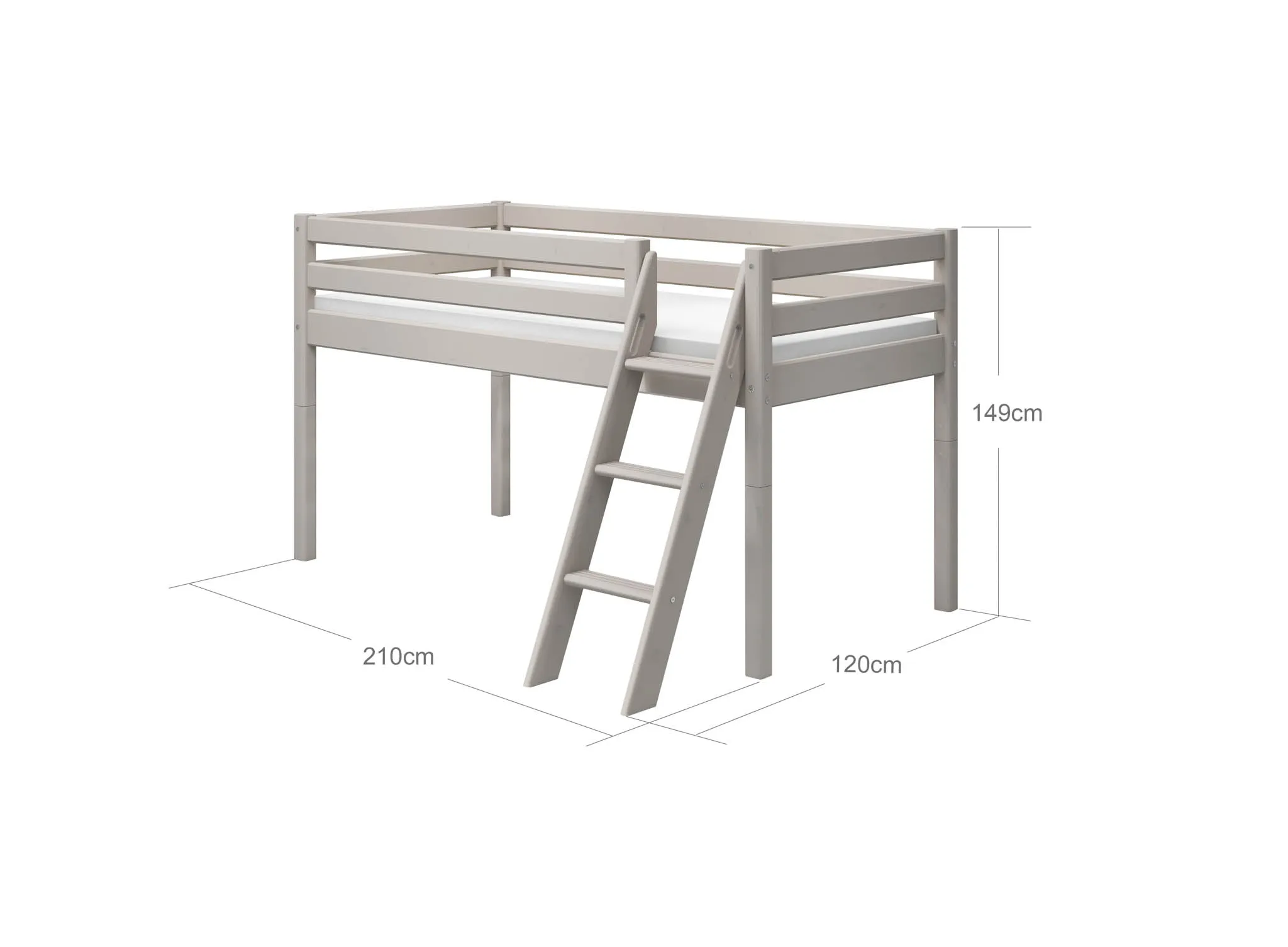 Mid-High Bed with Ladder and Safety Rail, 90x200 cm, Grey