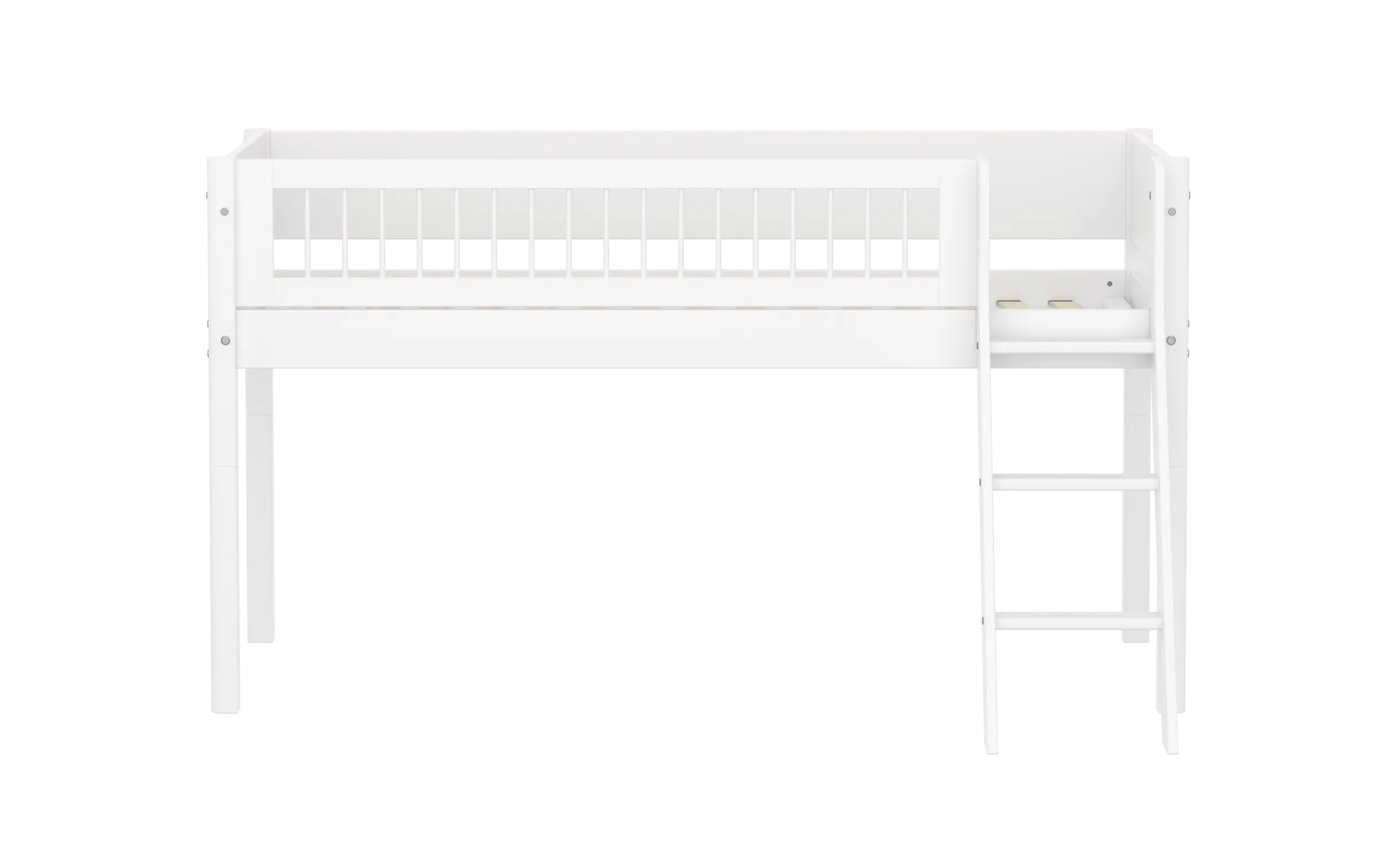 Mid-High Bed with Ladder and Safety Rail, 90x200 cm, White