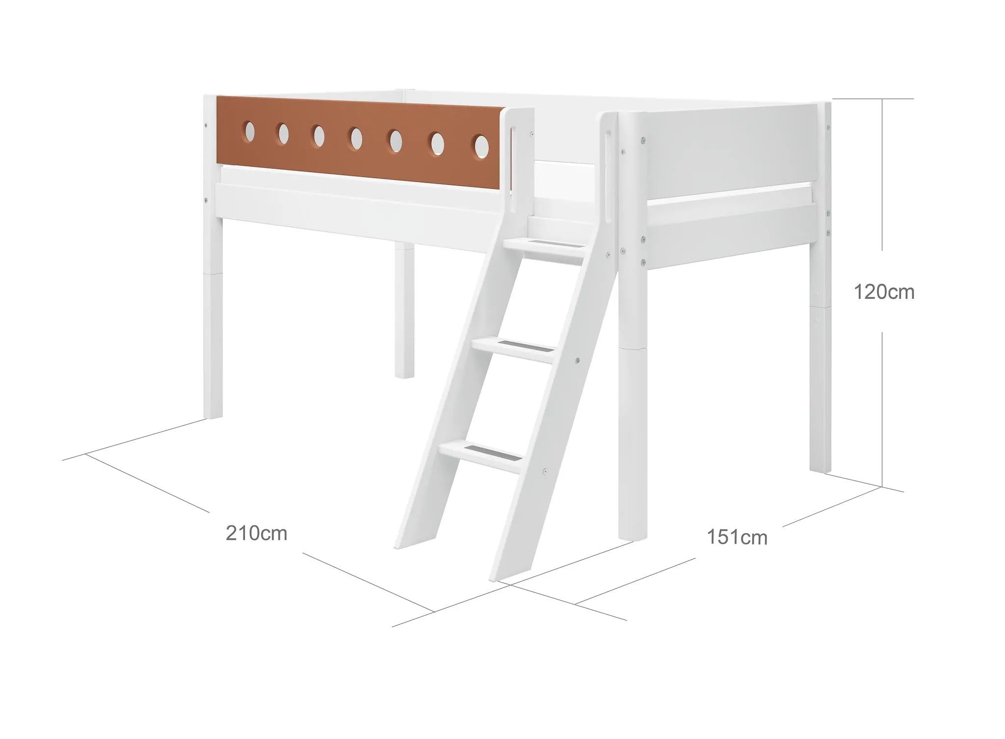 Mid-High Bed with Ladder and Safety Rail, 90x200 cm, White