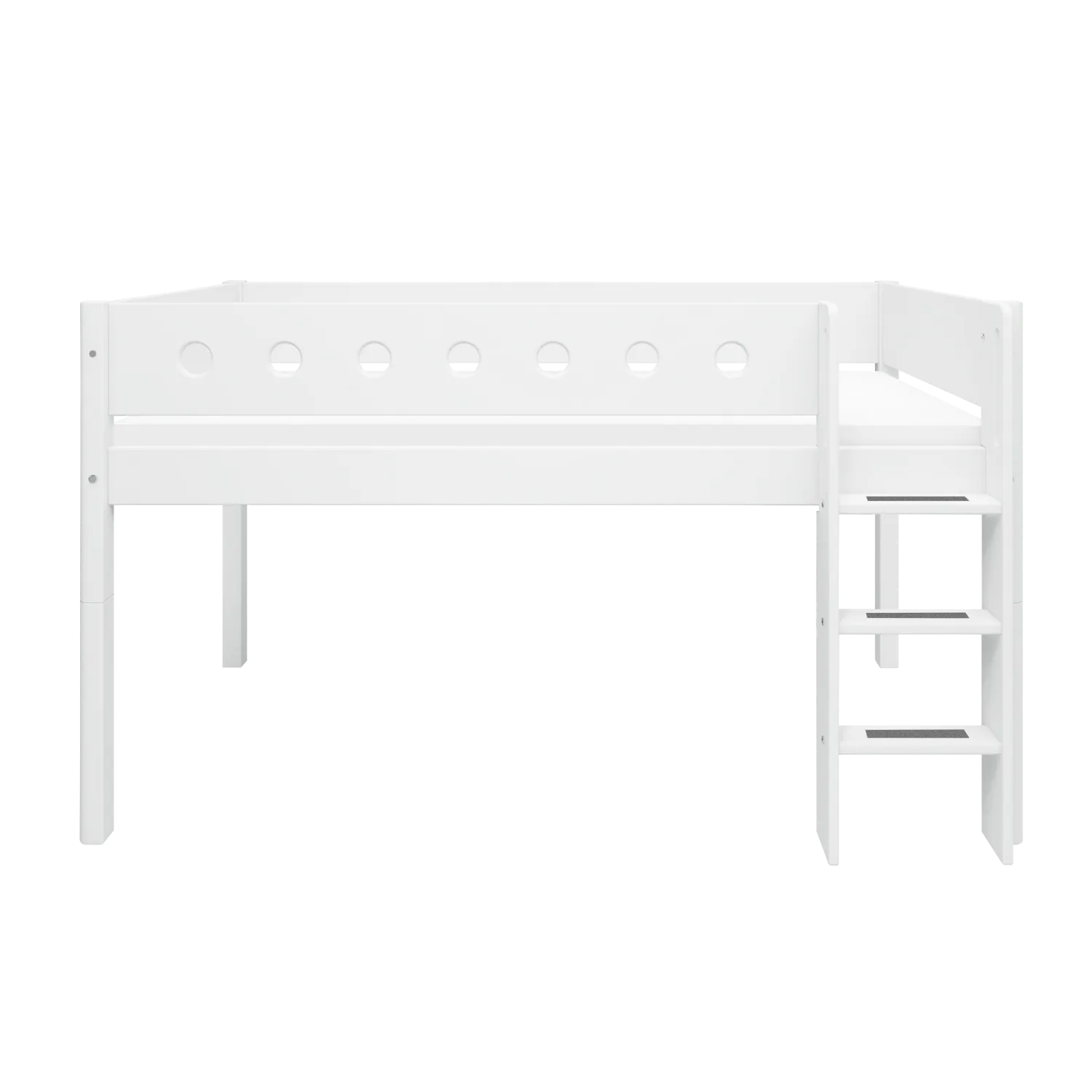 Mid-High Bed with Ladder and Safety Rail, 90x200 cm, White
