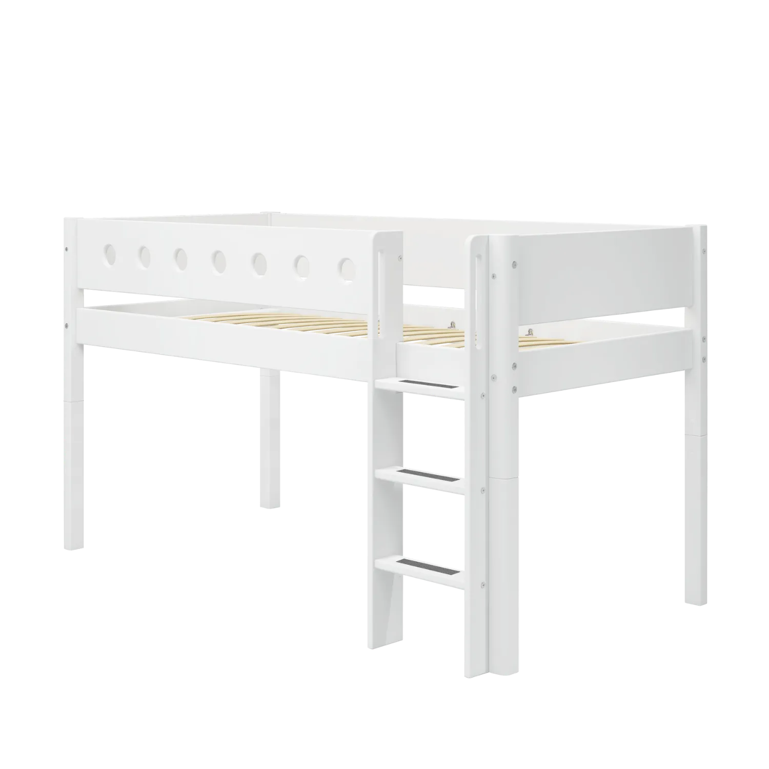 Mid-High Bed with Ladder and Safety Rail, 90x200 cm, White