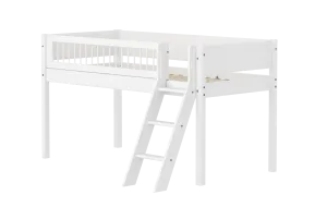Mid-High Bed with Ladder and Safety Rail, 90x200 cm, White