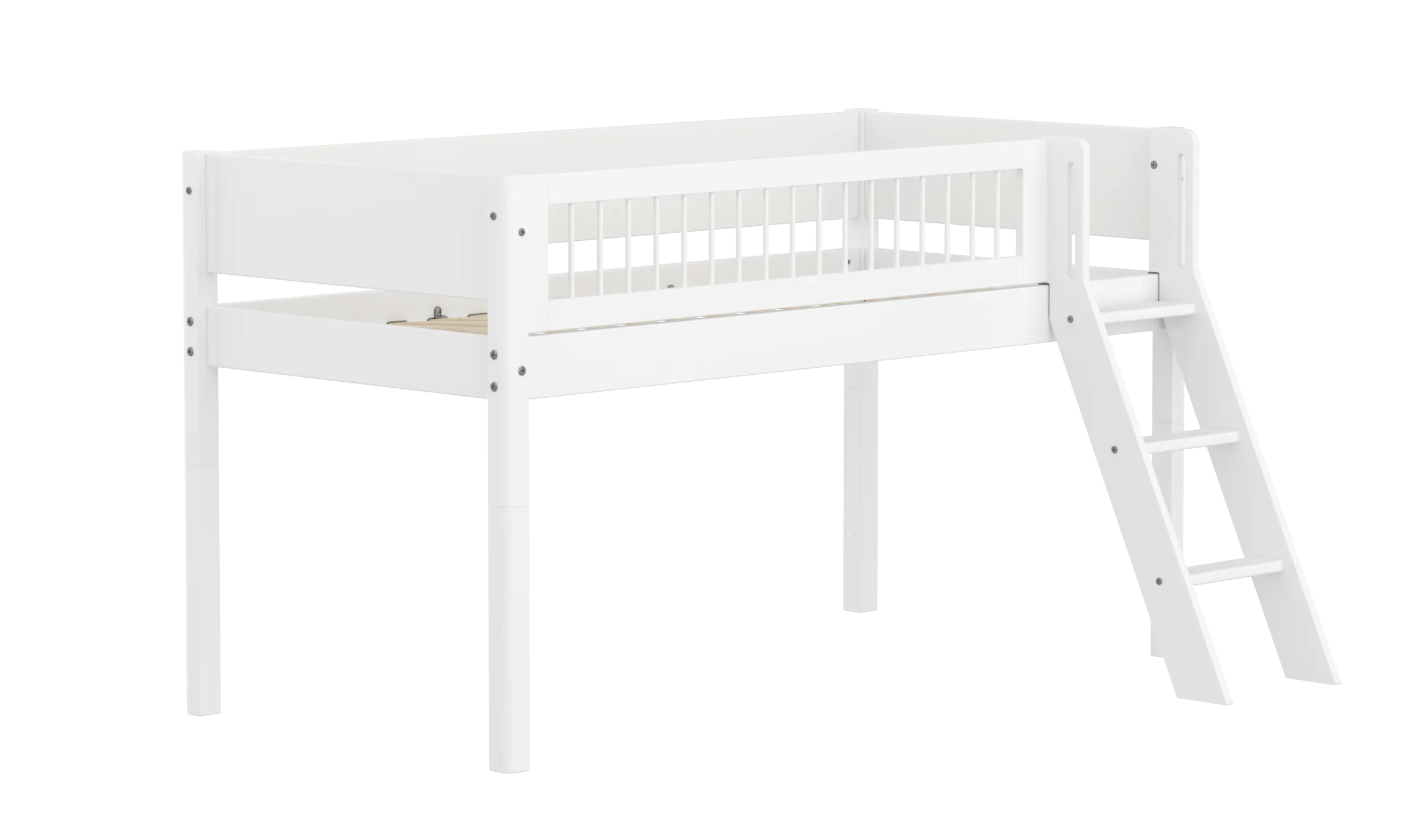 Mid-High Bed with Ladder and Safety Rail, 90x200 cm, White