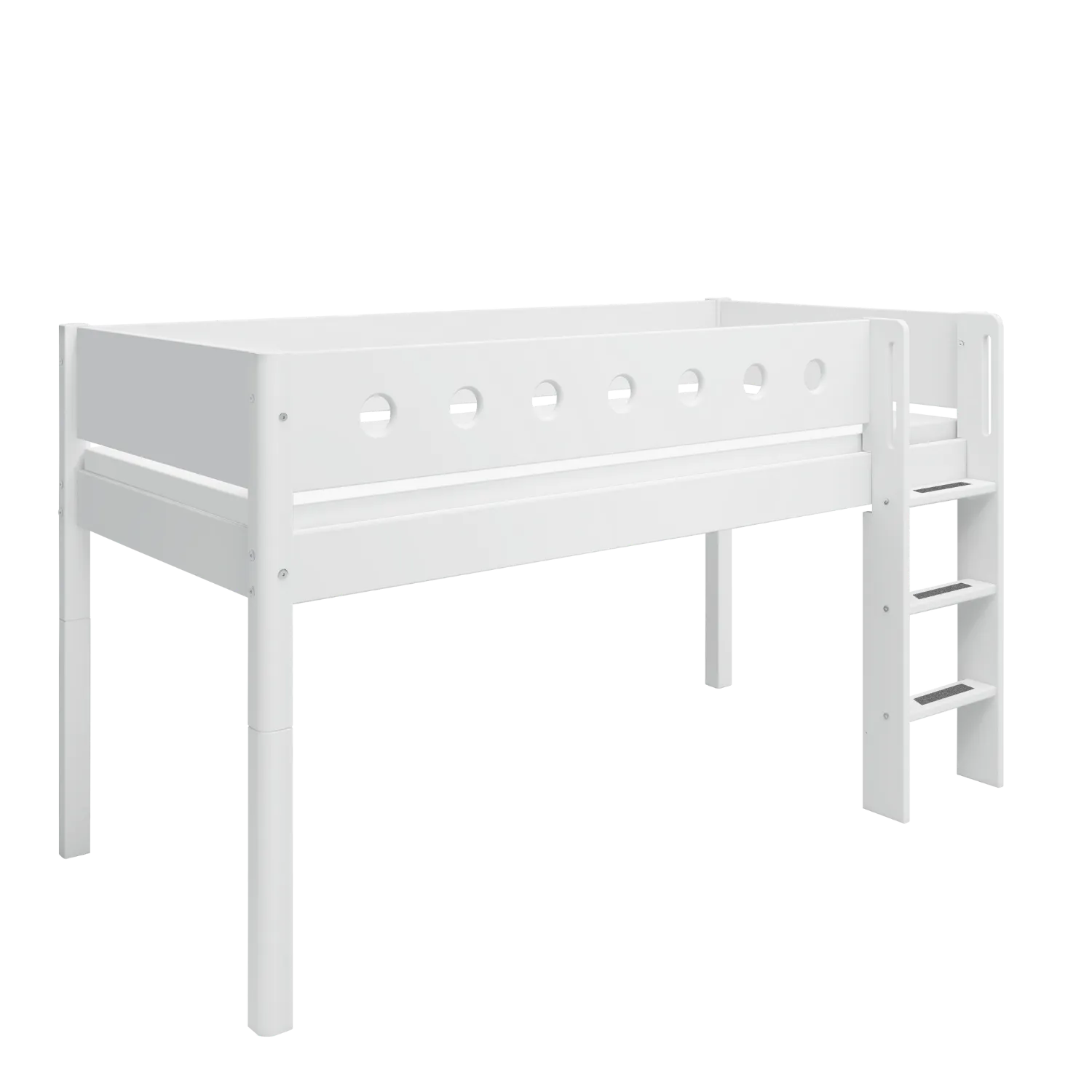 Mid-High Bed with Ladder and Safety Rail, 90x200 cm, White