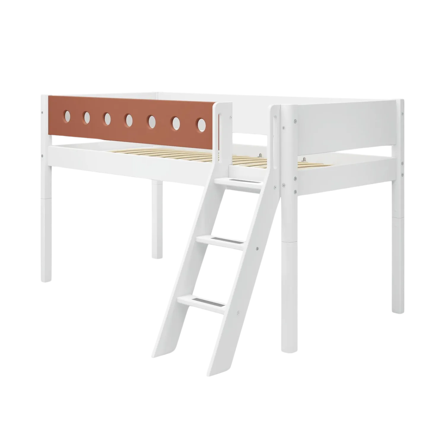 Mid-High Bed with Ladder and Safety Rail, 90x200 cm, White