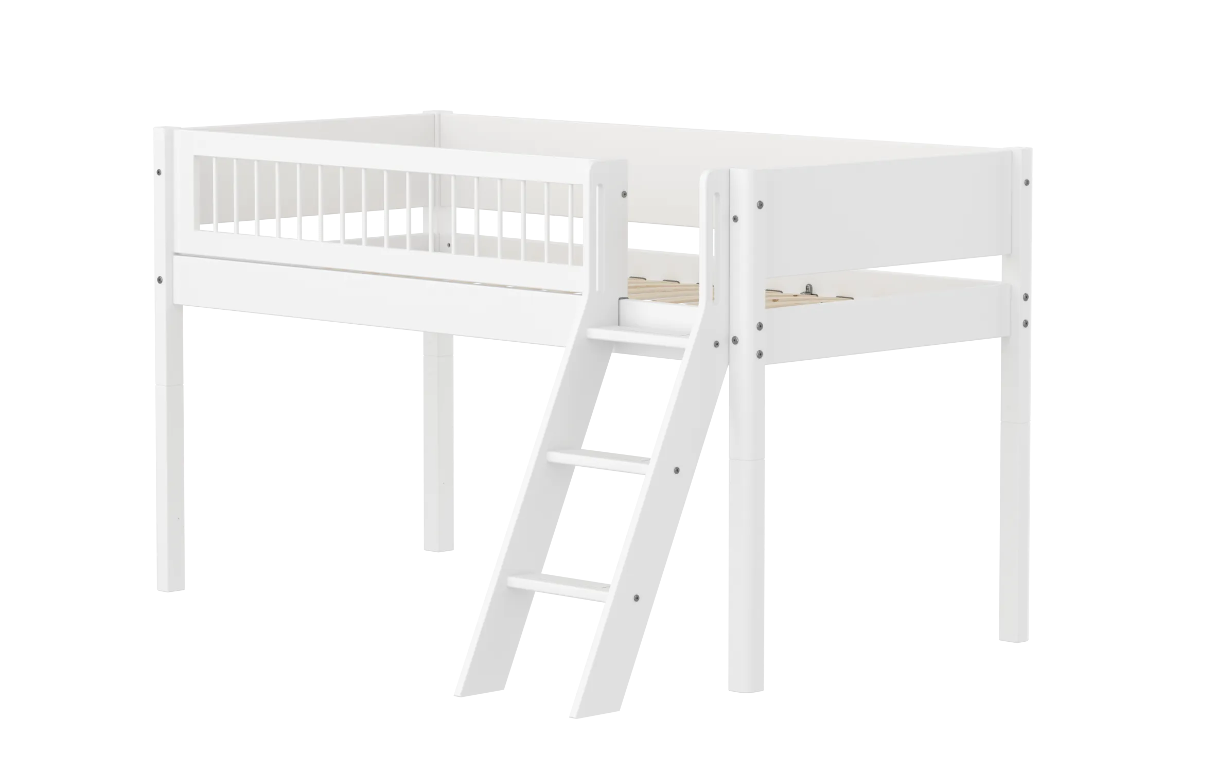 Mid-High Bed with Ladder and Safety Rail, 90x200 cm, White