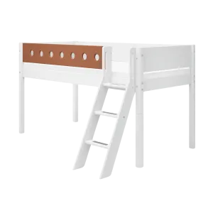 Mid-High Bed with Ladder and Safety Rail, 90x200 cm, White