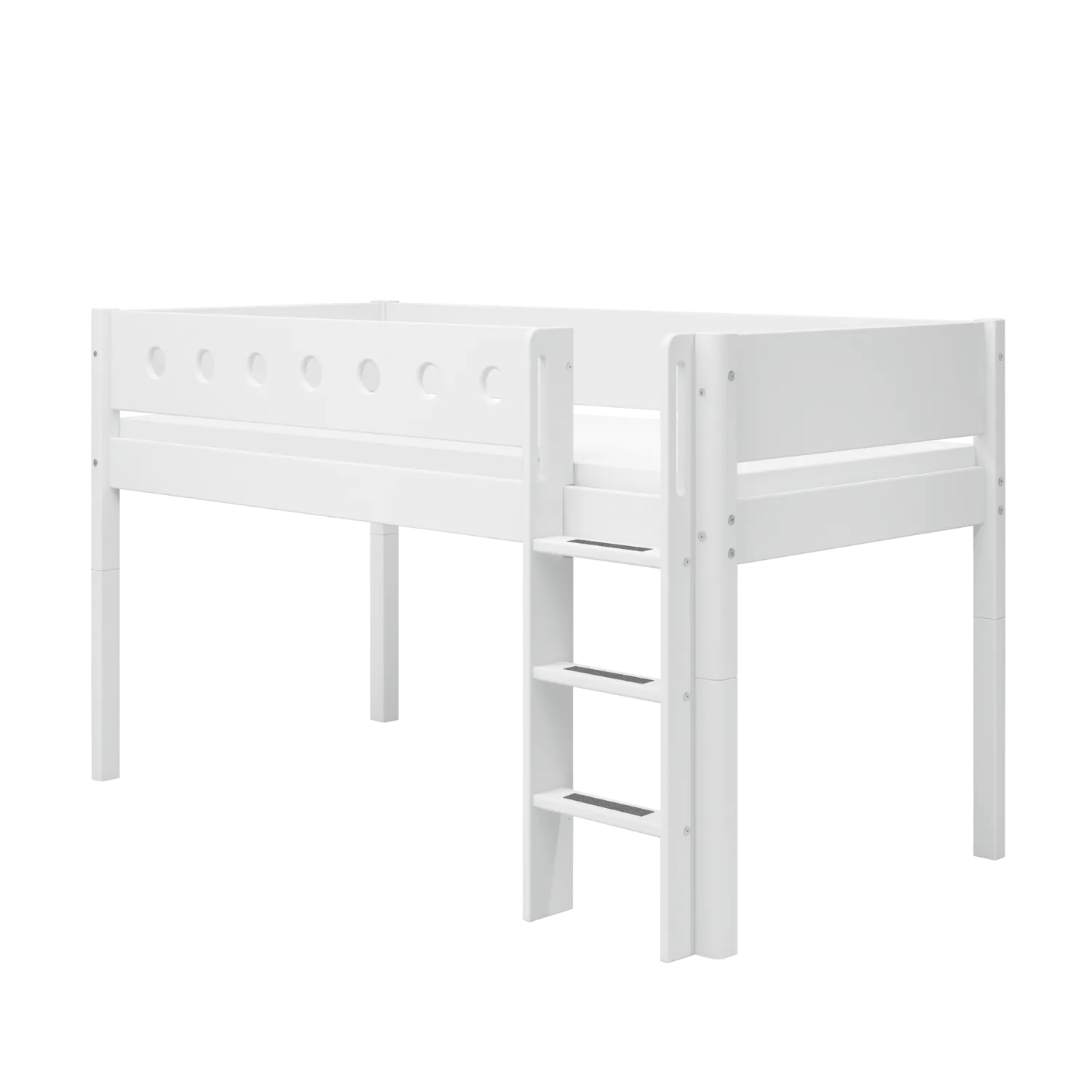 Mid-High Bed with Ladder and Safety Rail, 90x200 cm, White