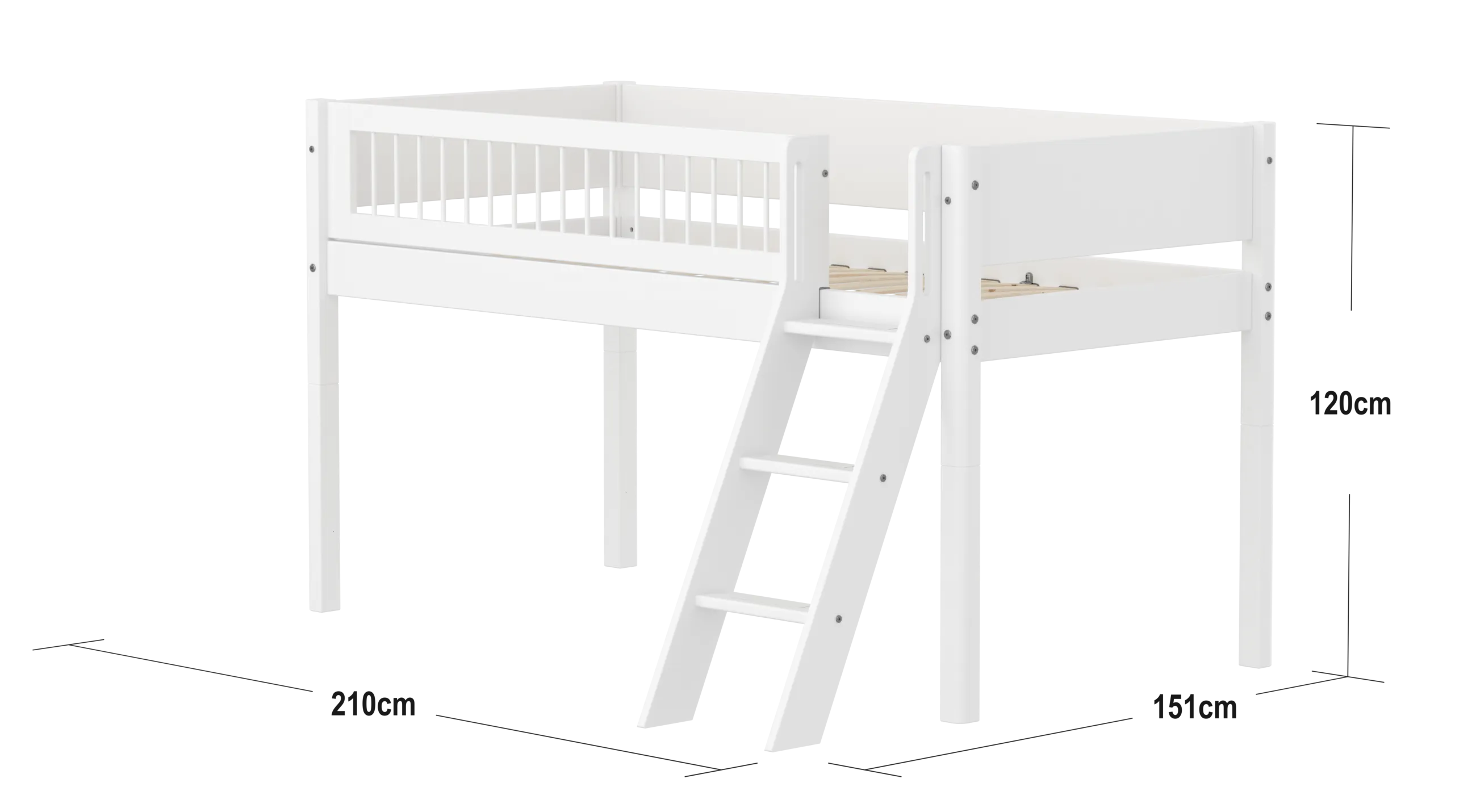Mid-High Bed with Ladder and Safety Rail, 90x200 cm, White