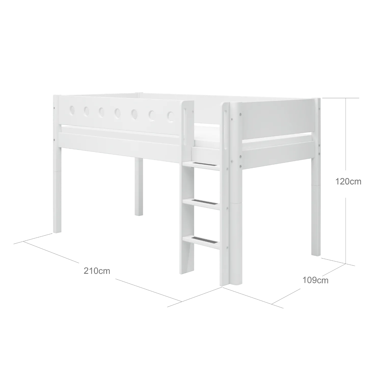 Mid-High Bed with Ladder and Safety Rail, 90x200 cm, White