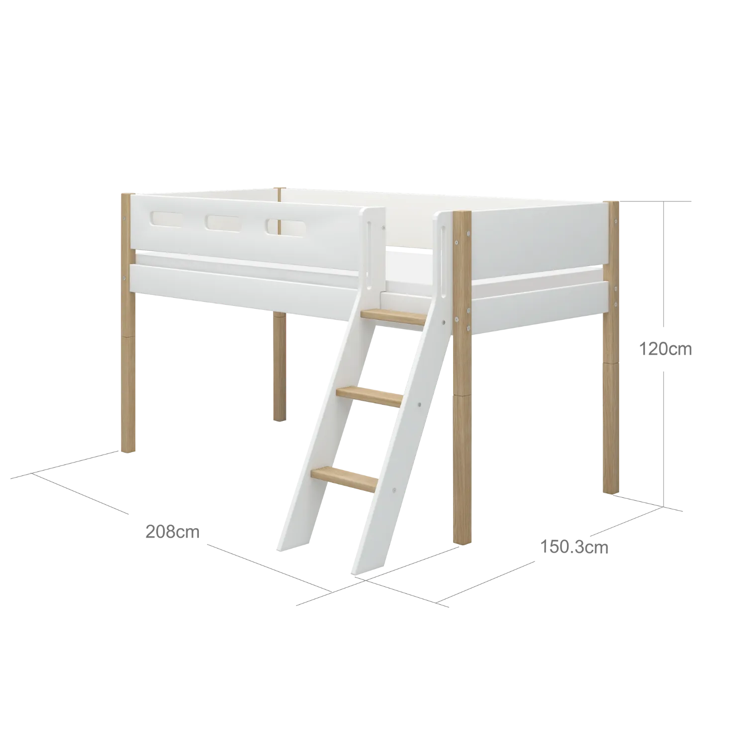 Mid-High Bed with Ladder and Safety Rail, 90x200 cm, White/Oak