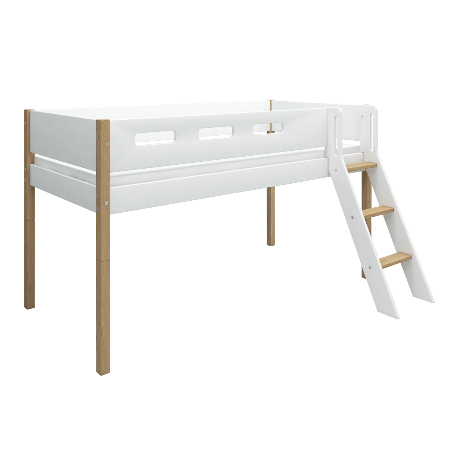Mid-High Bed with Ladder and Safety Rail, 90x200 cm, White/Oak