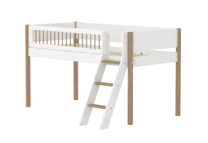 Mid-High Bed with Ladder and Safety Rail, 90x200 cm, White/Oak