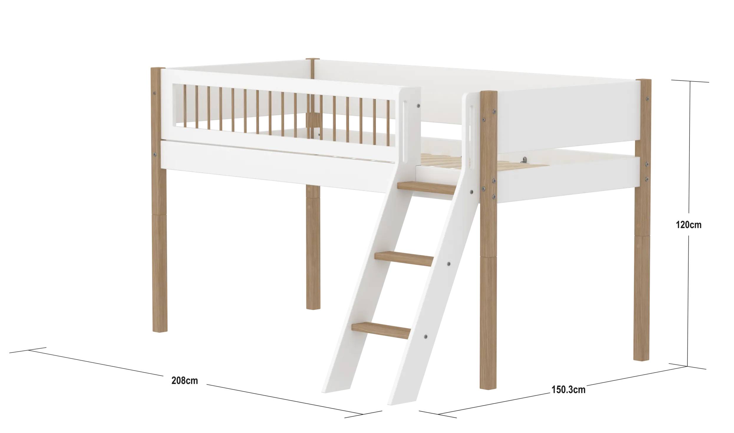 Mid-High Bed with Ladder and Safety Rail, 90x200 cm, White/Oak
