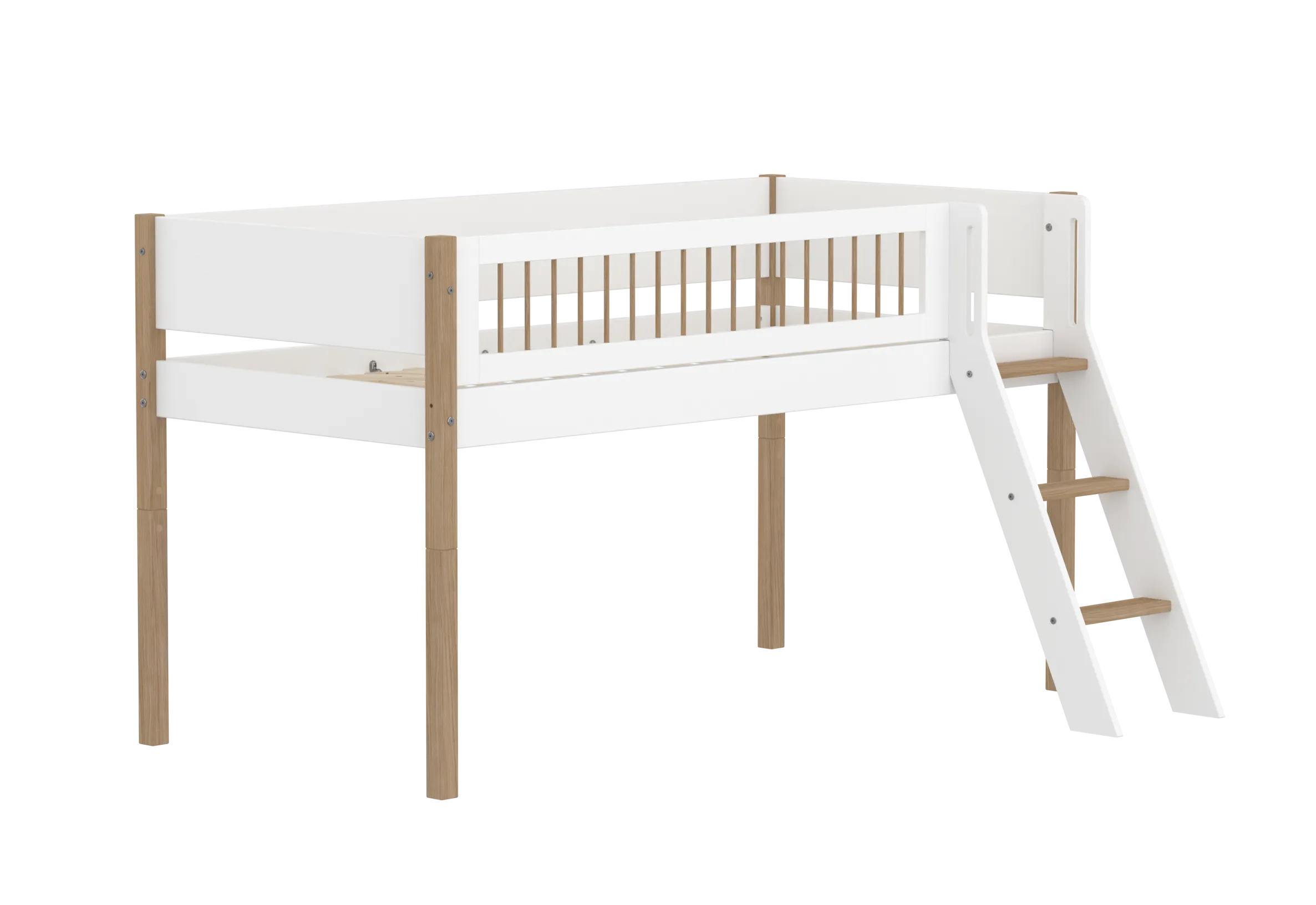 Mid-High Bed with Ladder and Safety Rail, 90x200 cm, White/Oak