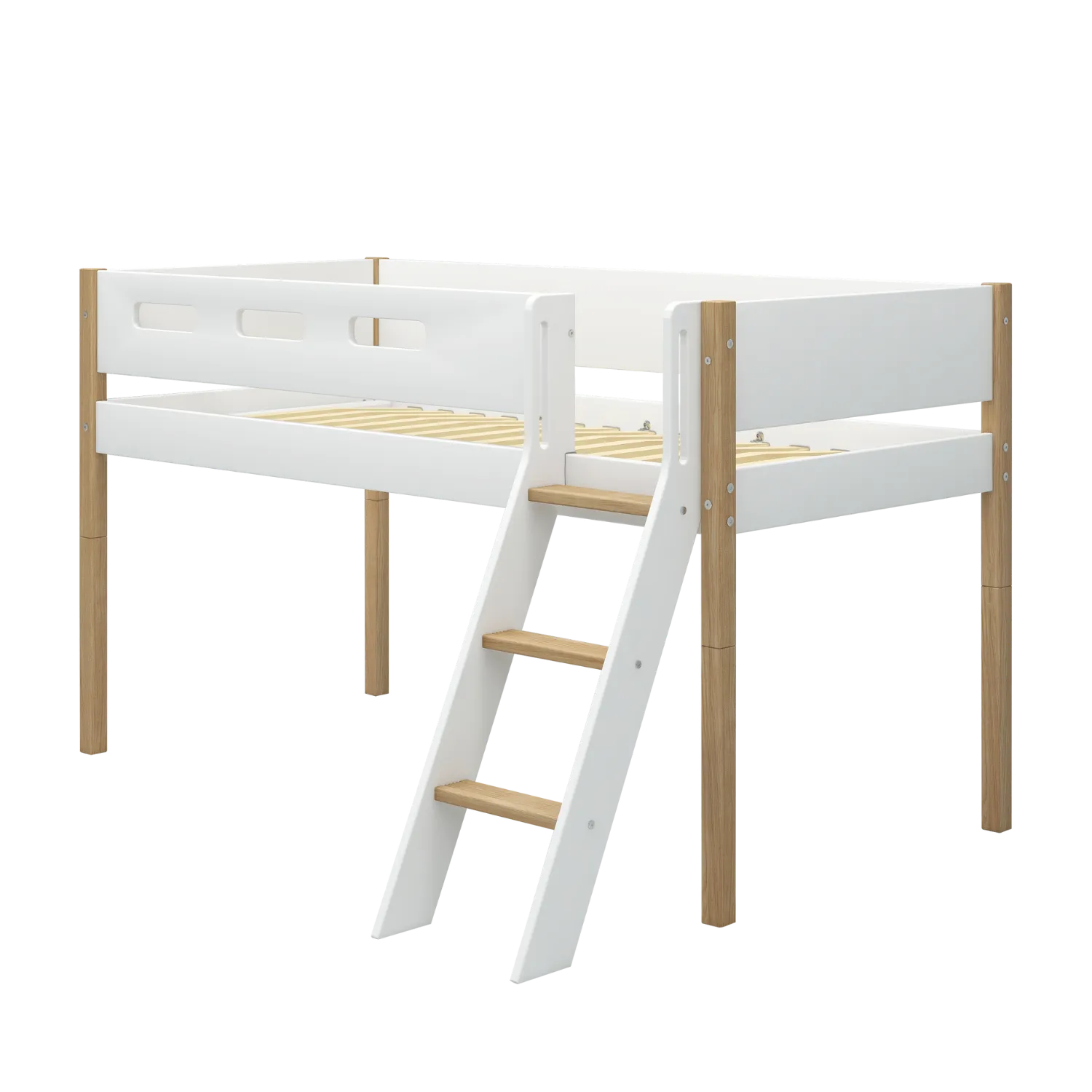 Mid-High Bed with Ladder and Safety Rail, 90x200 cm, White/Oak