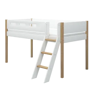 Mid-High Bed with Ladder and Safety Rail, 90x200 cm, White/Oak