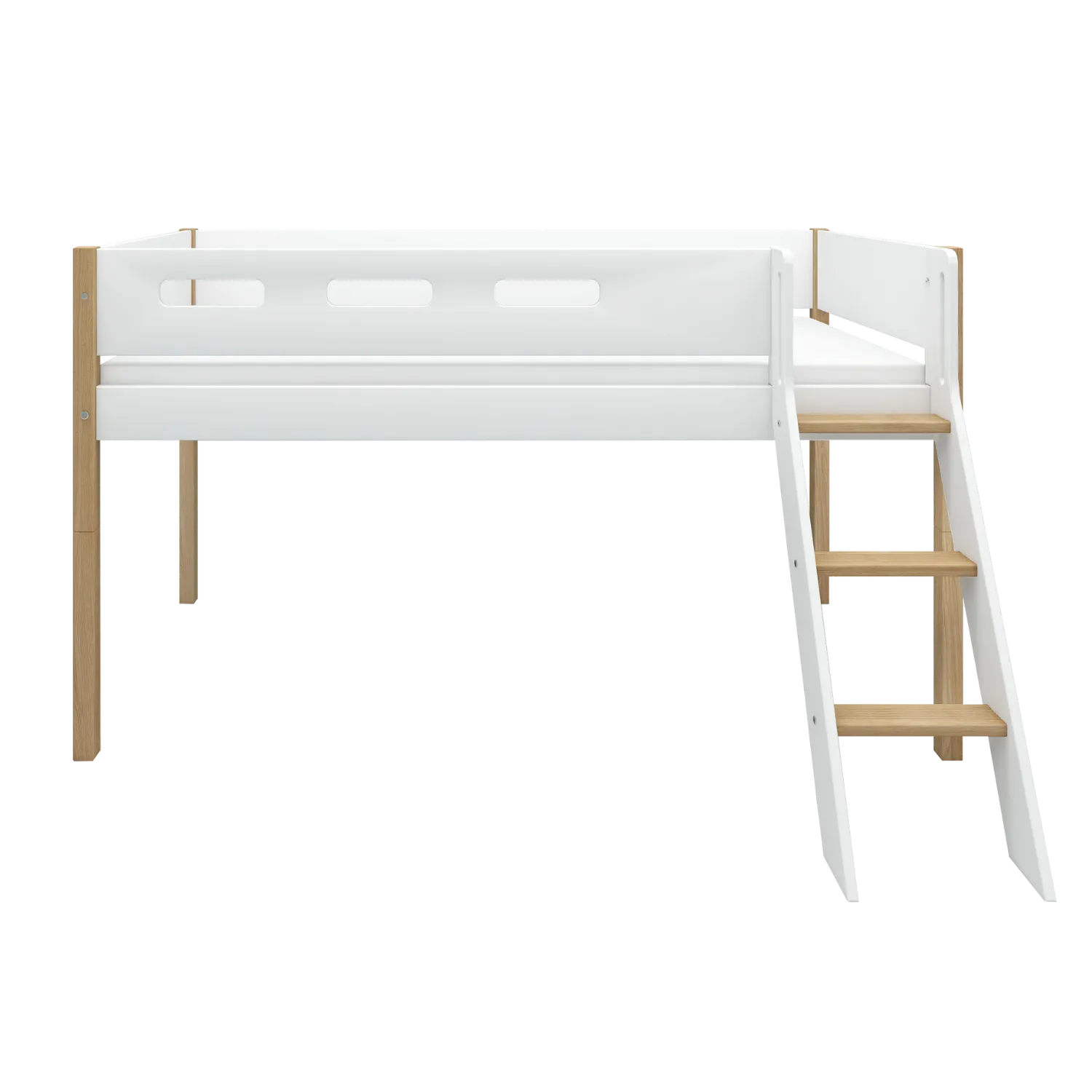 Mid-High Bed with Ladder and Safety Rail, 90x200 cm, White/Oak