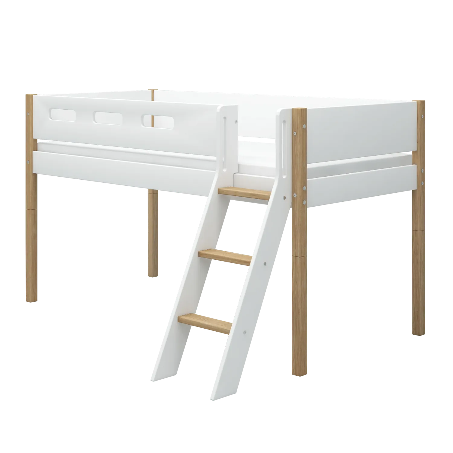 Mid-High Bed with Ladder and Safety Rail, 90x200 cm, White/Oak