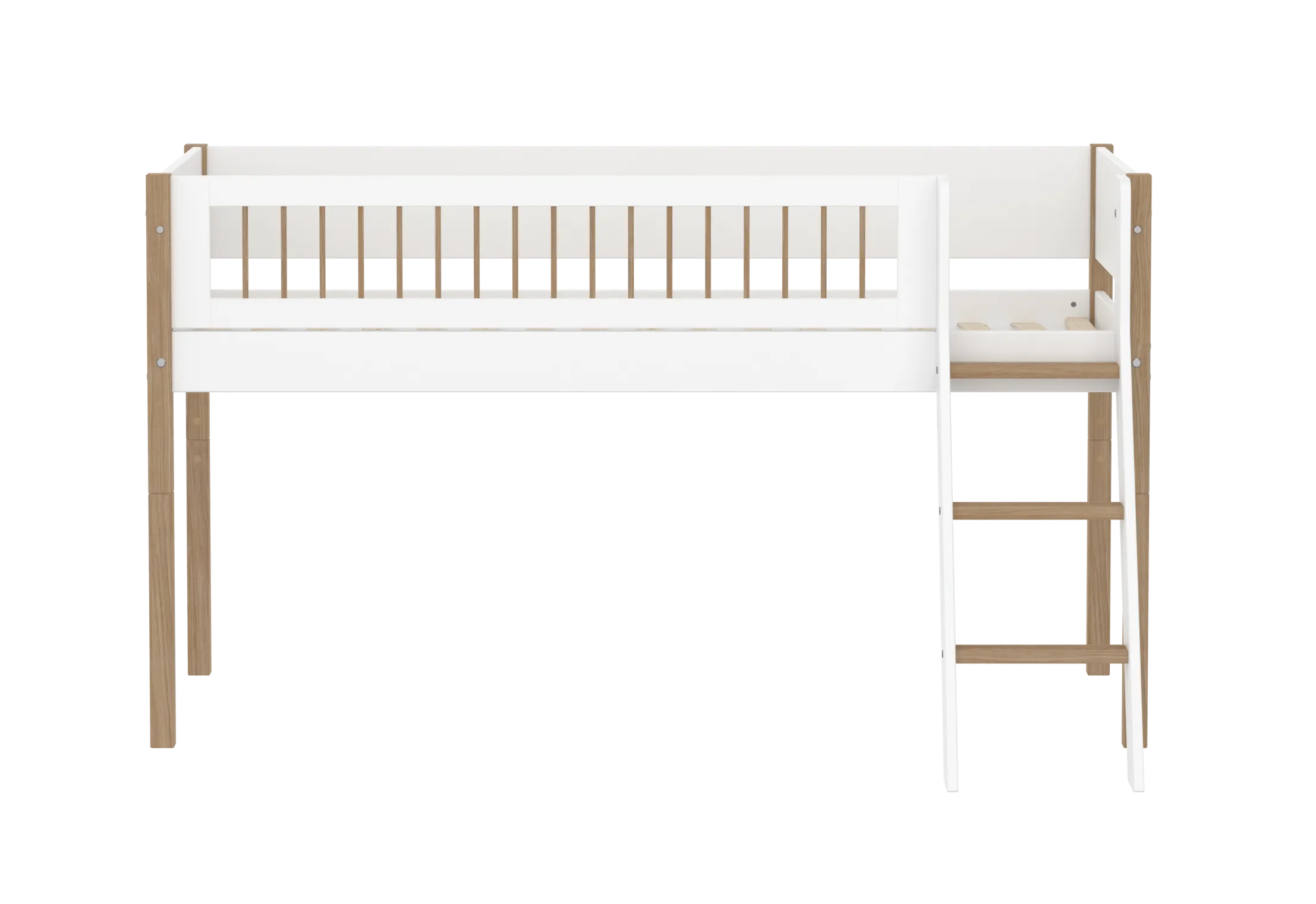 Mid-High Bed with Ladder and Safety Rail, 90x200 cm, White/Oak