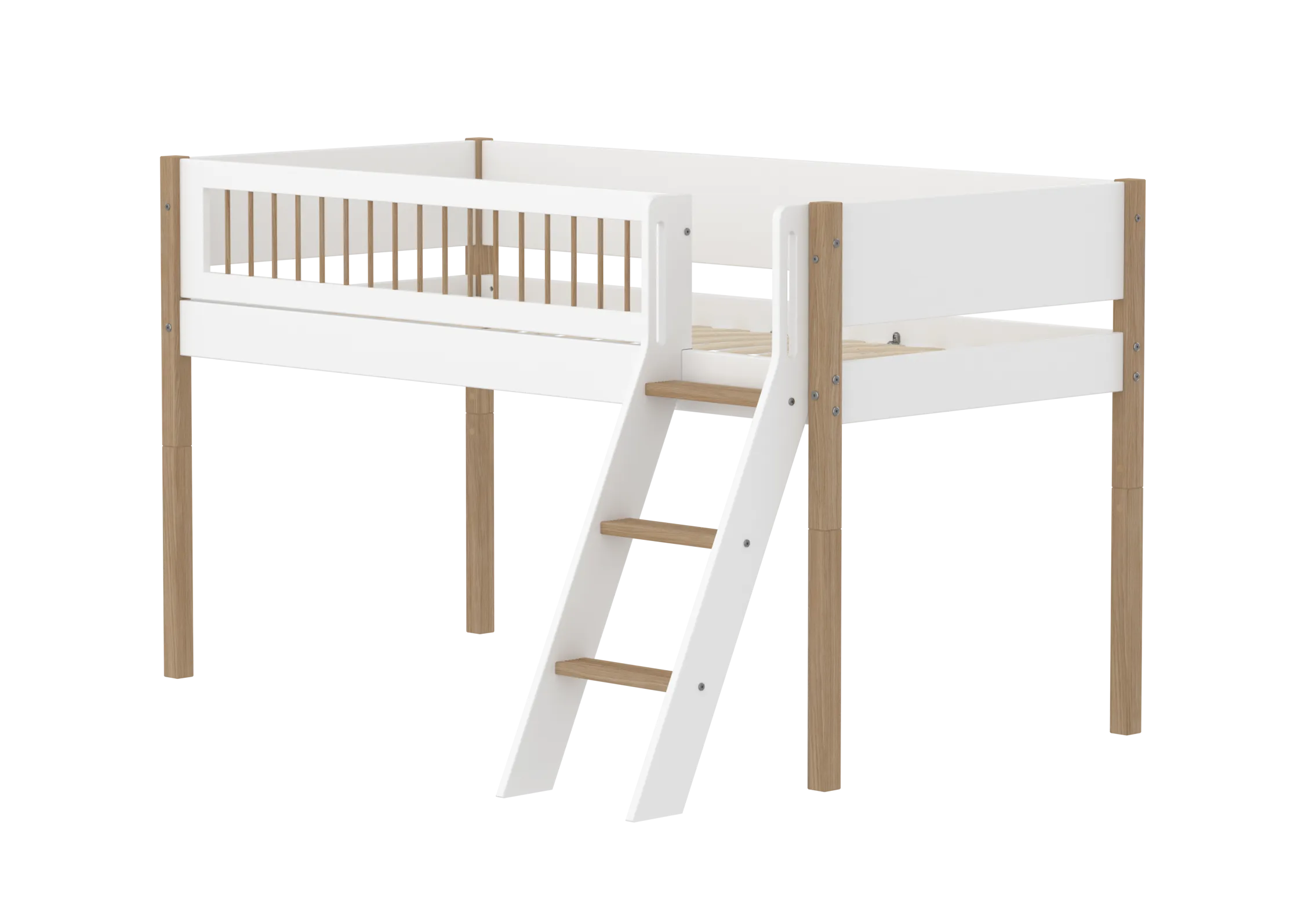 Mid-High Bed with Ladder and Safety Rail, 90x200 cm, White/Oak