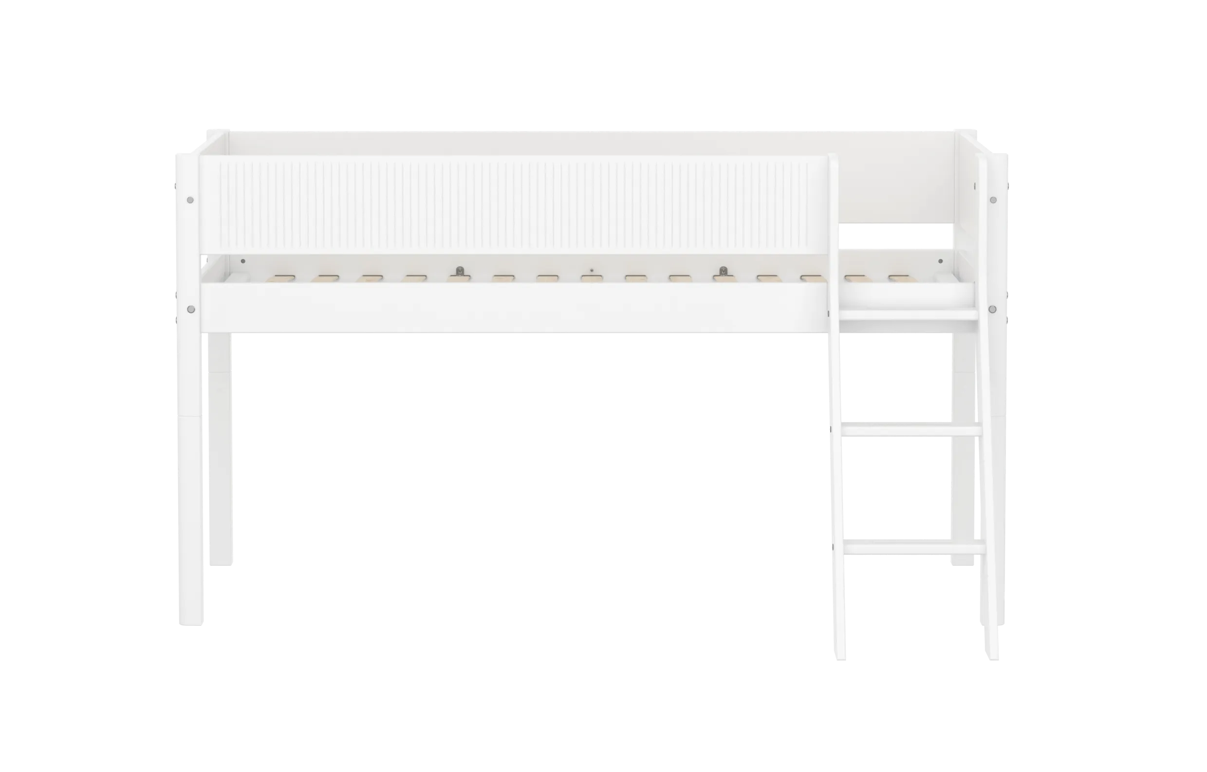 Mid-High Bed with Ladder and Safety Rails, 90x200 cm, White