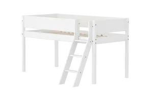 Mid-High Bed with Ladder and Safety Rails, 90x200 cm, White