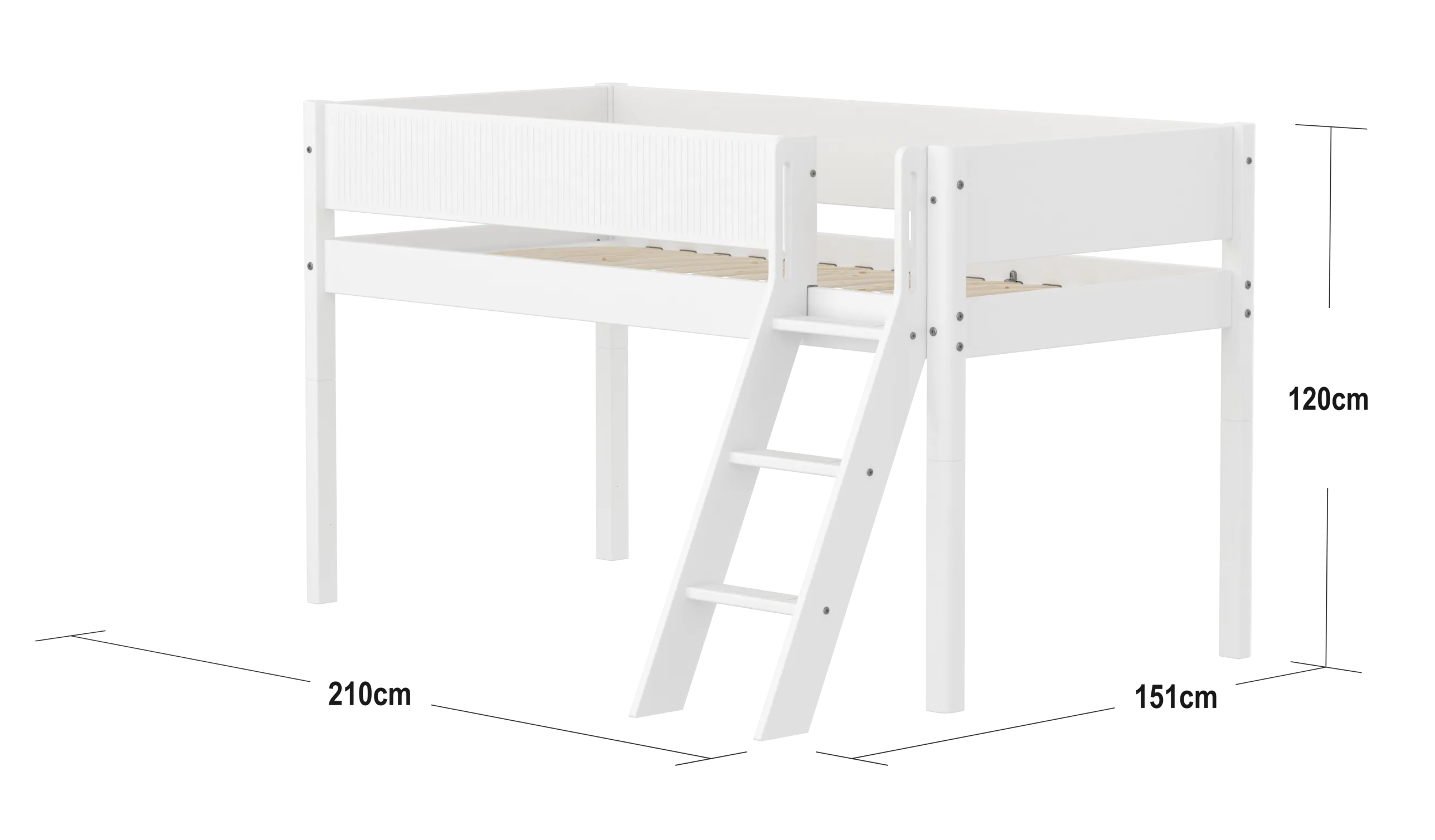 Mid-High Bed with Ladder and Safety Rails, 90x200 cm, White