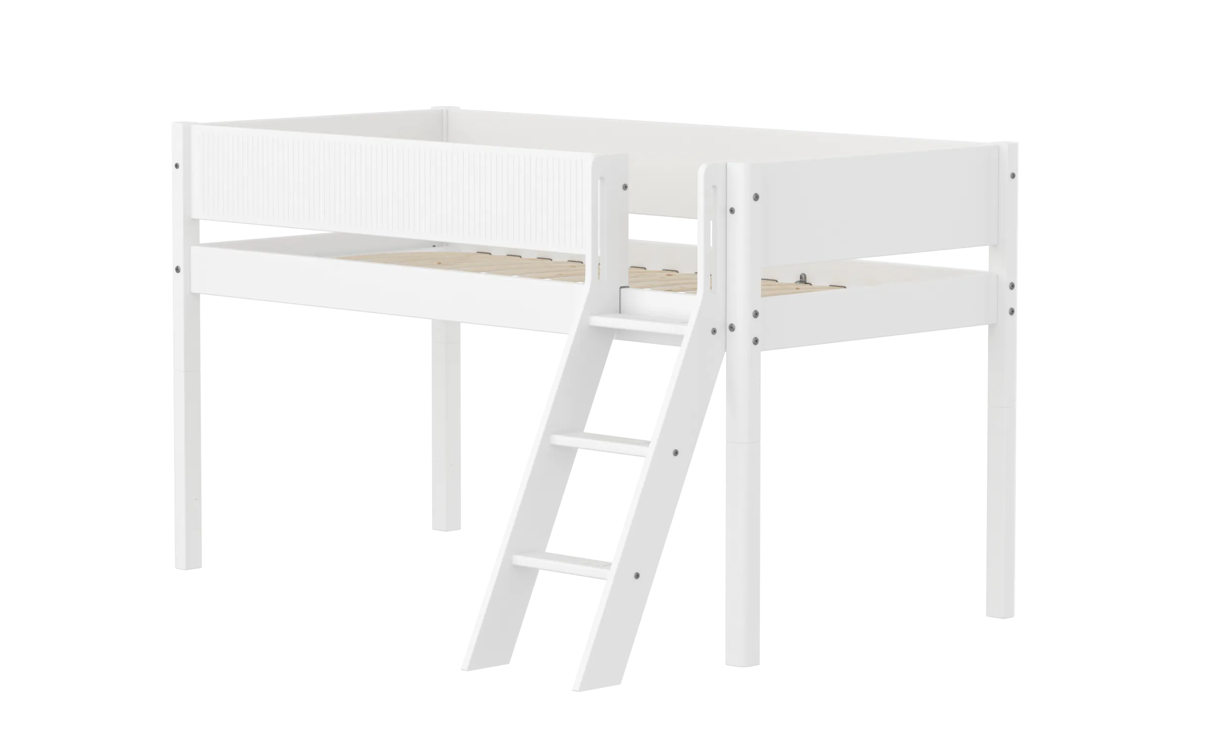 Mid-High Bed with Ladder and Safety Rails, 90x200 cm, White