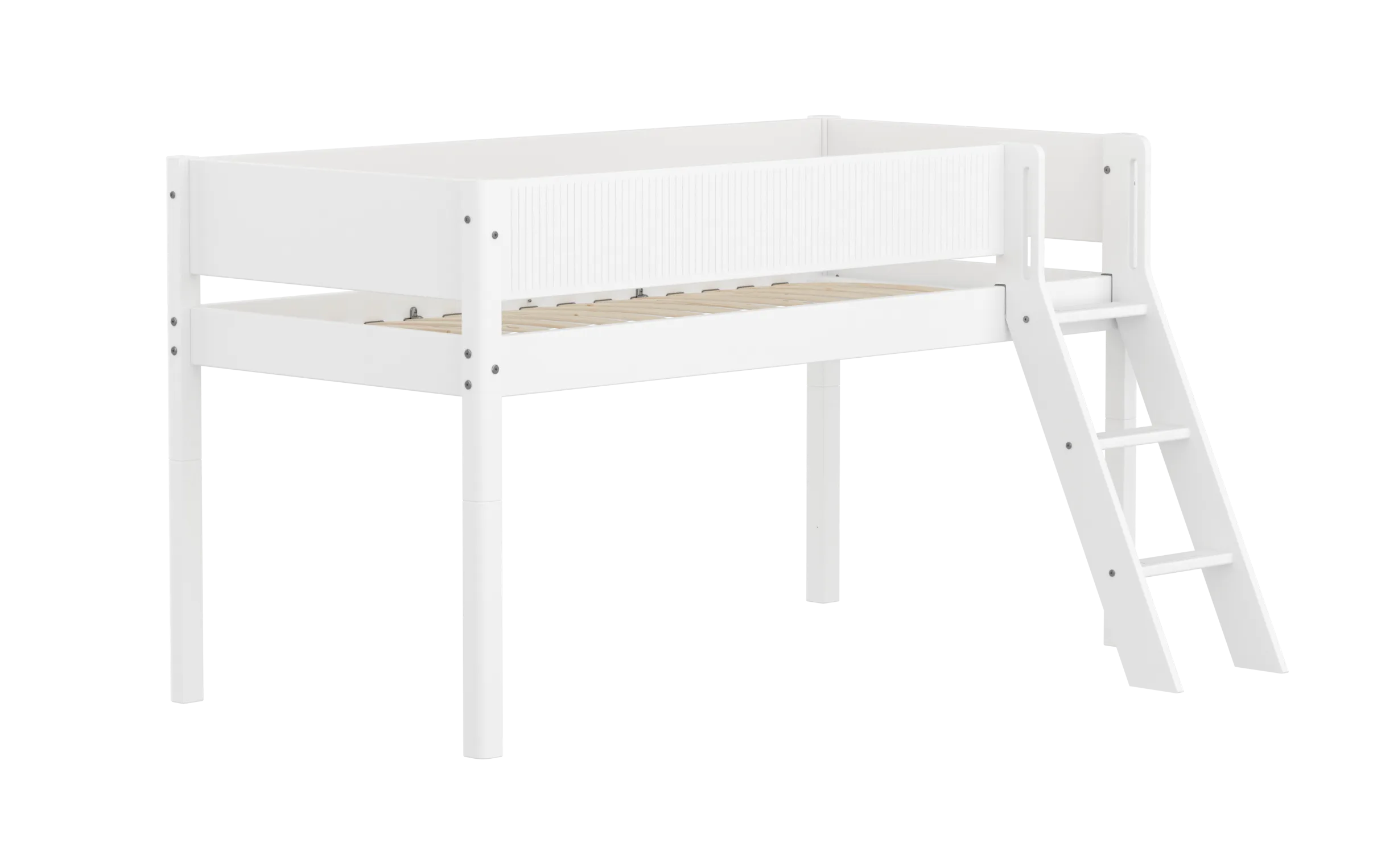 Mid-High Bed with Ladder and Safety Rails, 90x200 cm, White