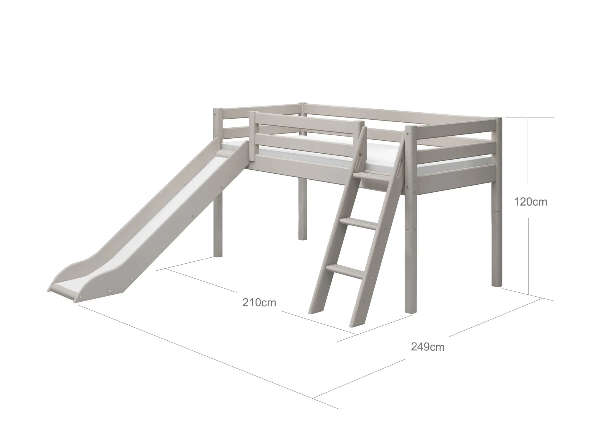 Mid-High Bed with Slide and Ladder, 90x200 cm, Grey