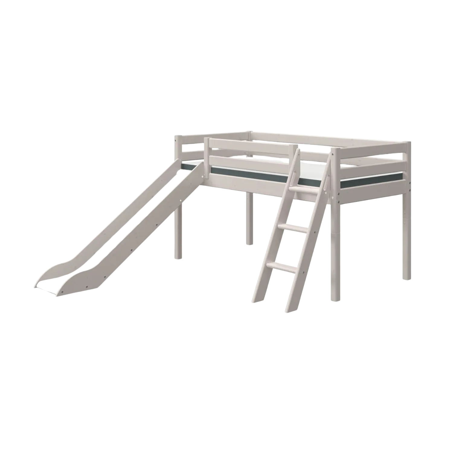 Mid-High Bed with Slide and Ladder, 90x200 cm, Grey